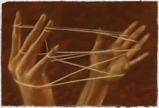 Dreamlike painting of two hands intertwined with white threads against a warm brown background, by Sophie Ruigrok.