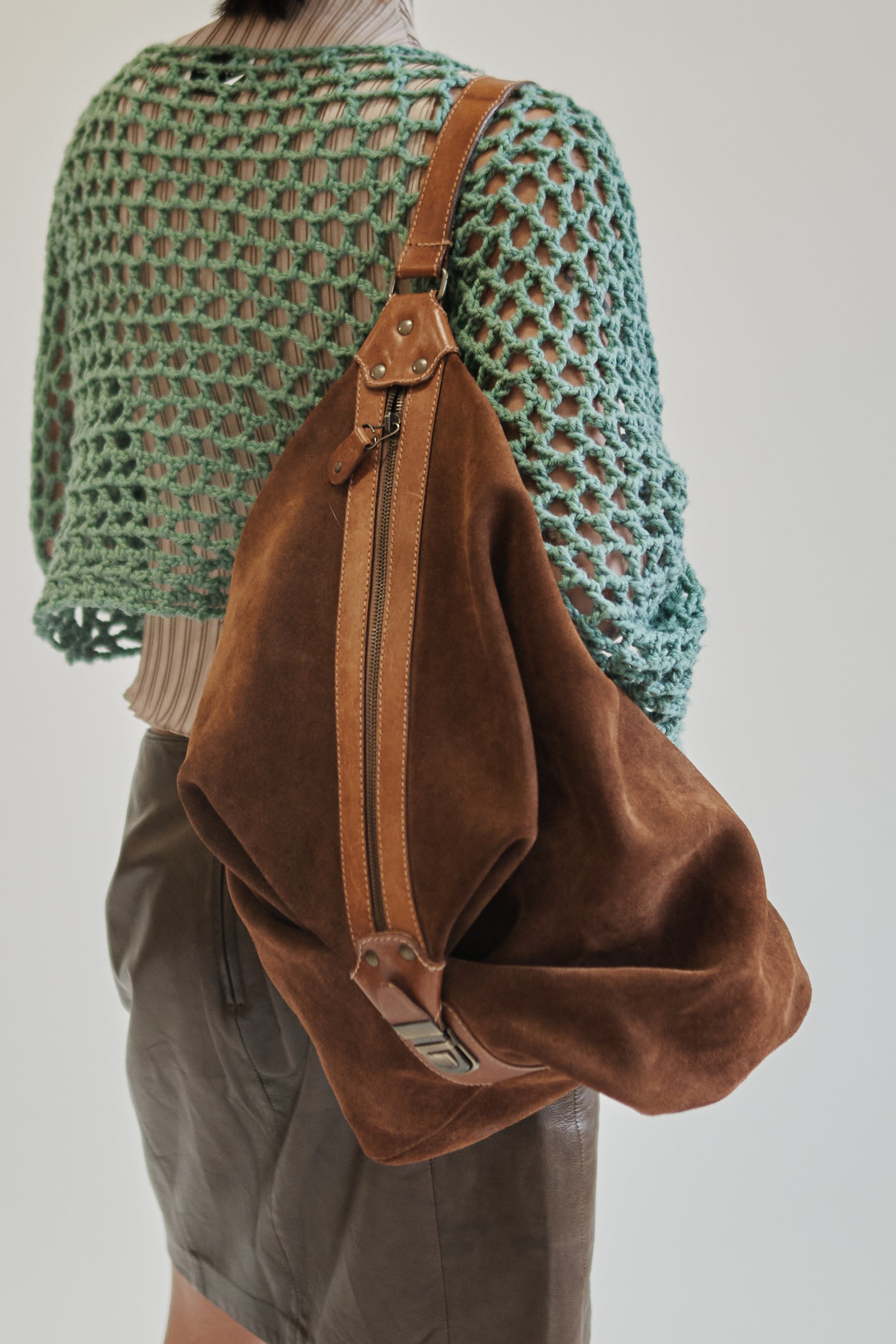 Cognac Suede Leather Sling Backpack - Hey Jude