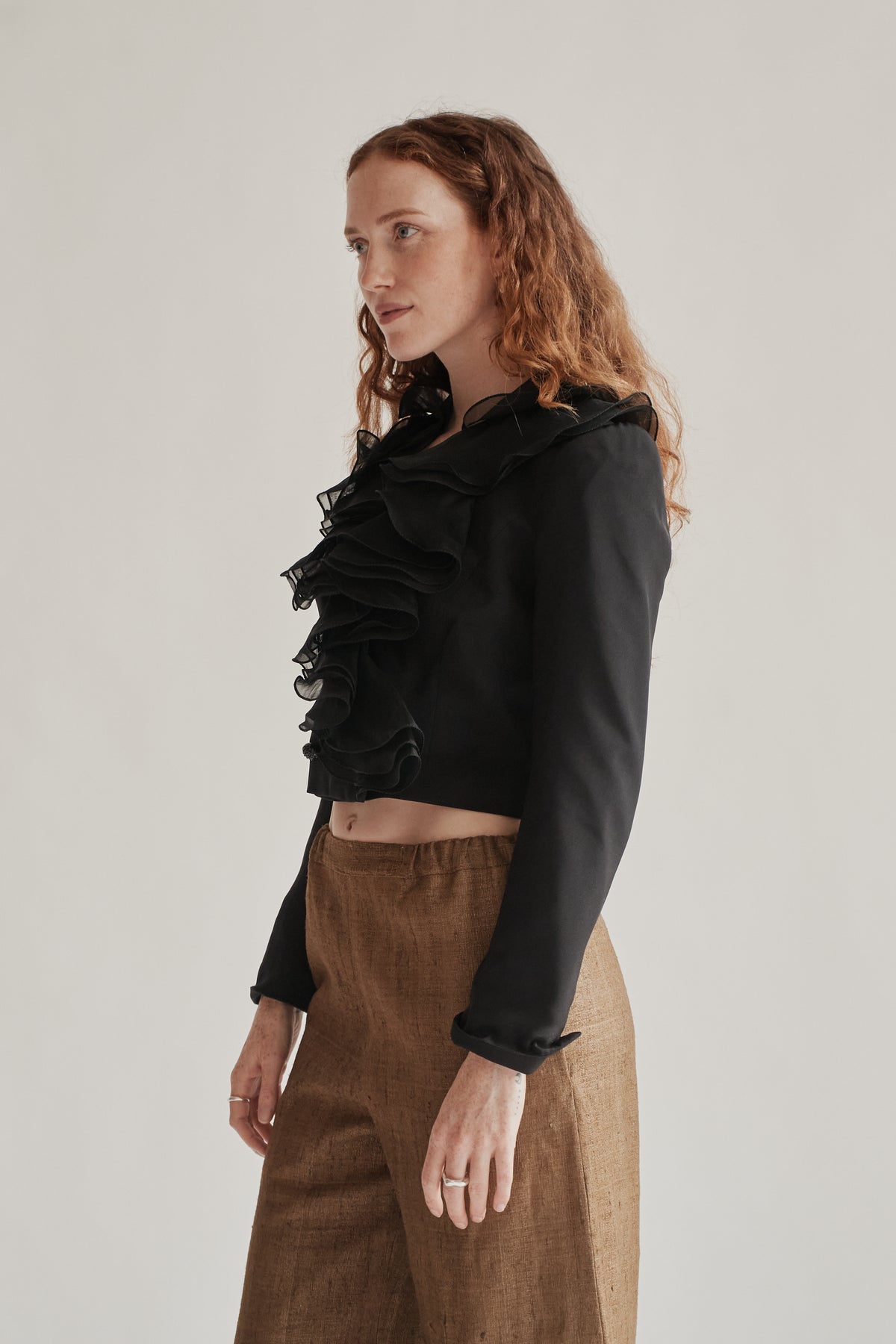 Black Silk Taffeta Casscading Ruffle Top - Hey Jude