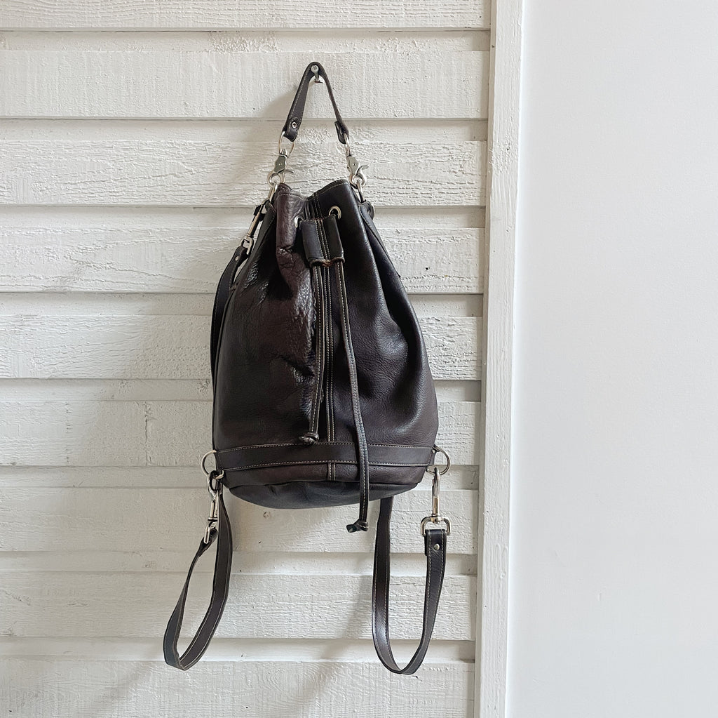Cacao Leather Convertible Bucket Bag