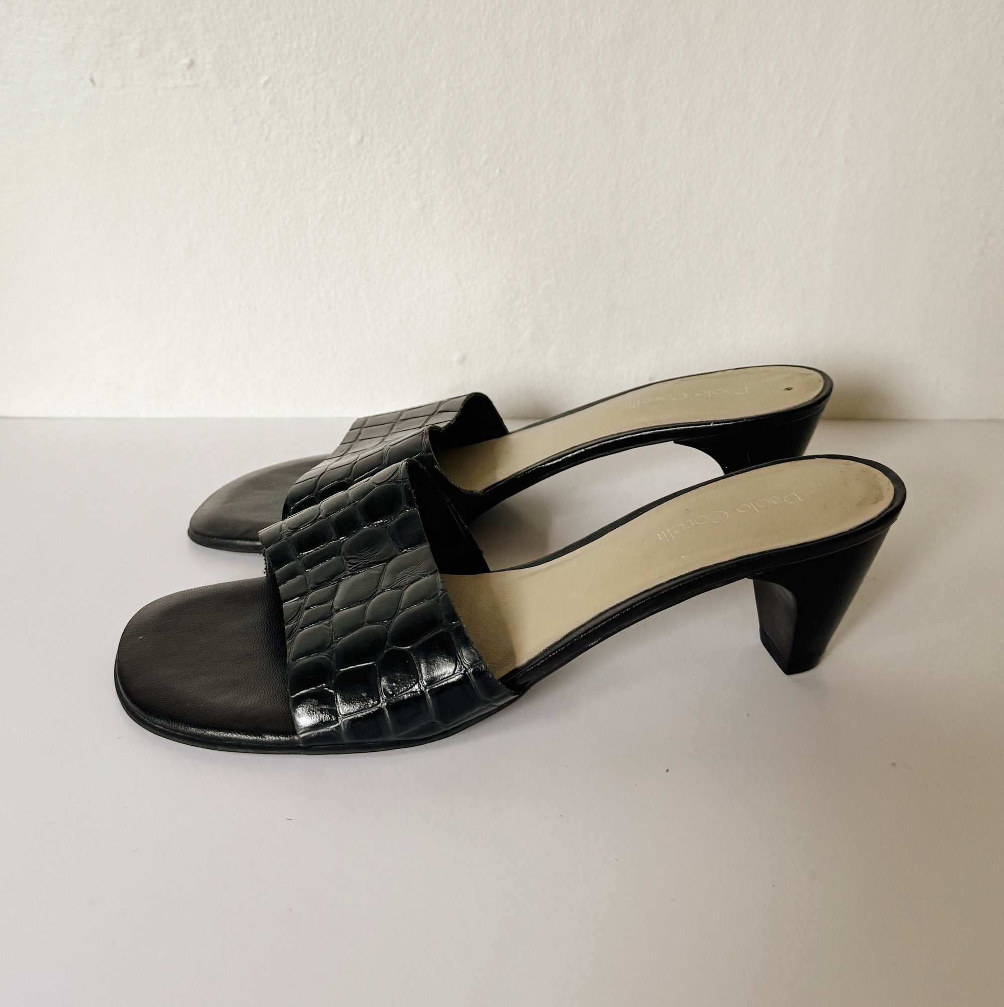 Black Croc Embossed Slide Heels | Size 8 - Hey Jude
