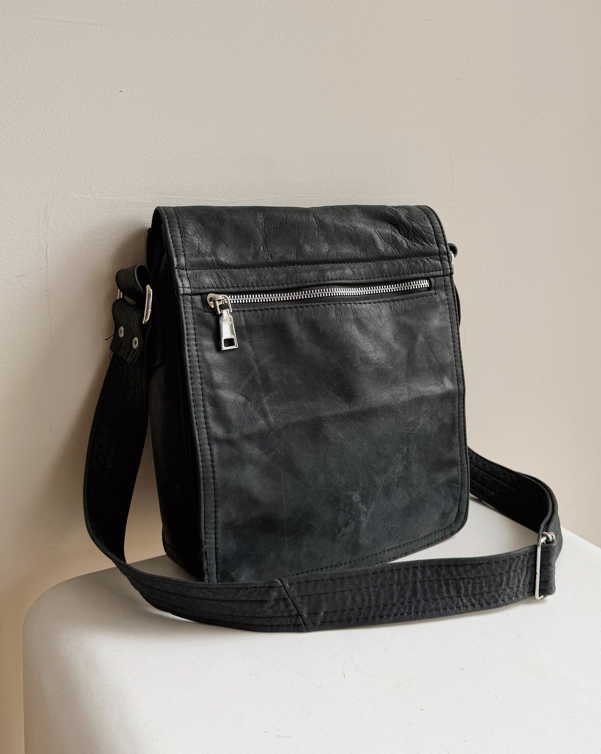Ink Matte Black Leather Messenger Crossbody Bag