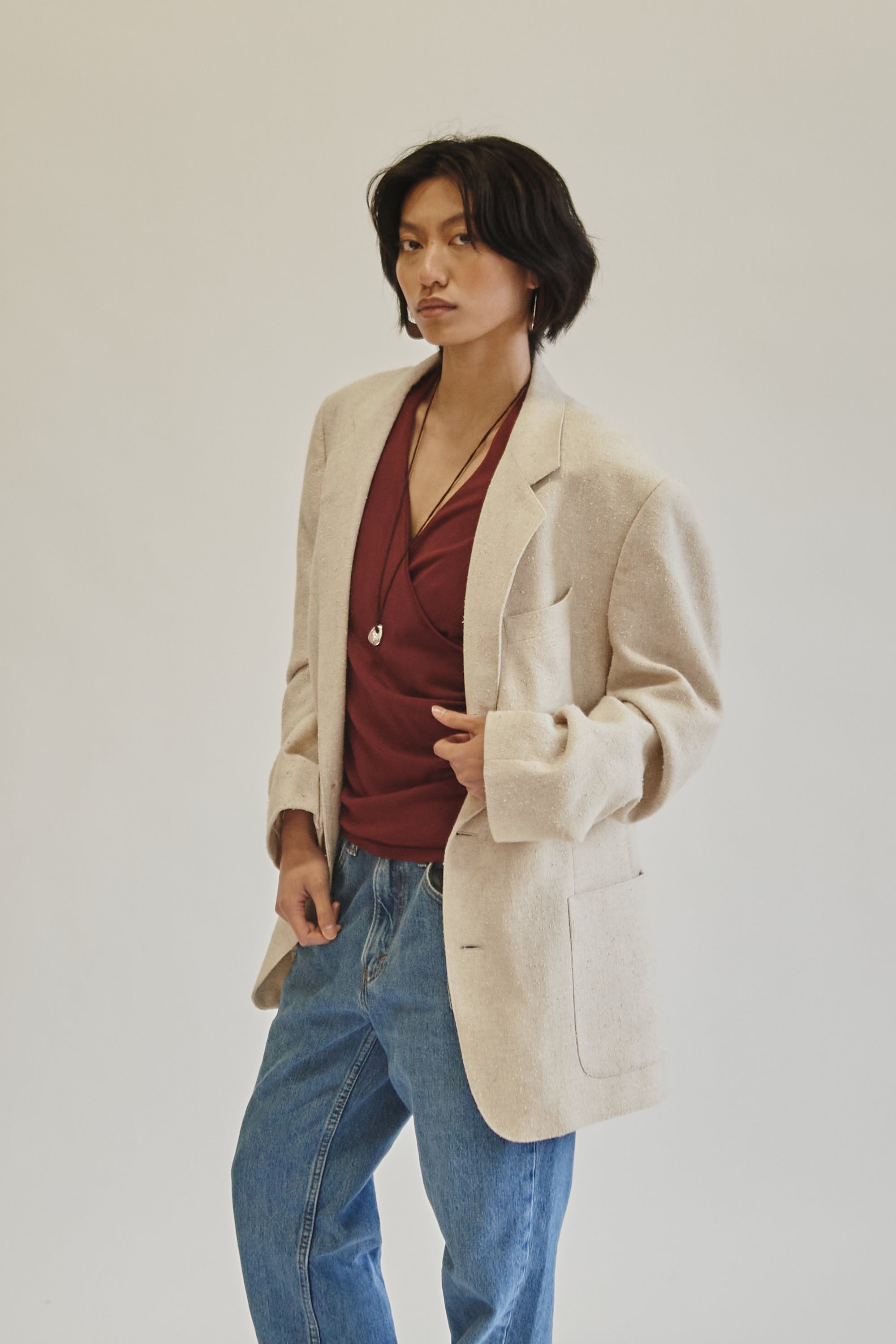 Oatmeal Textured Oversized Linen Blazer - Hey Jude