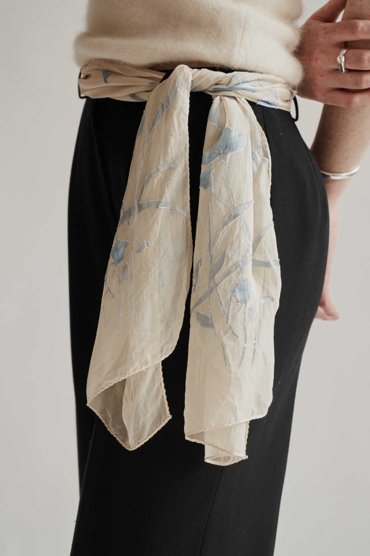 Cream Floral Narrow Silk Scarf