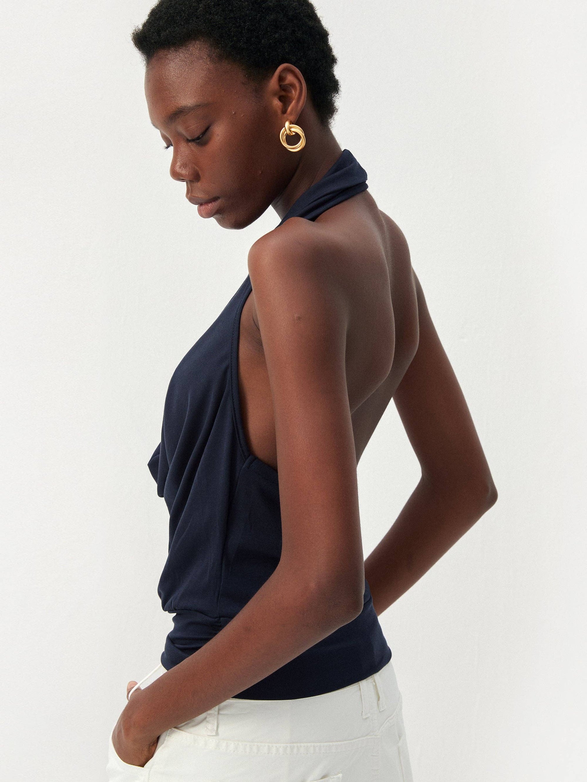 CUBIC - CUBIC Minimal Cowl Neck Halter Camisole: Navy / S - Hey Jude