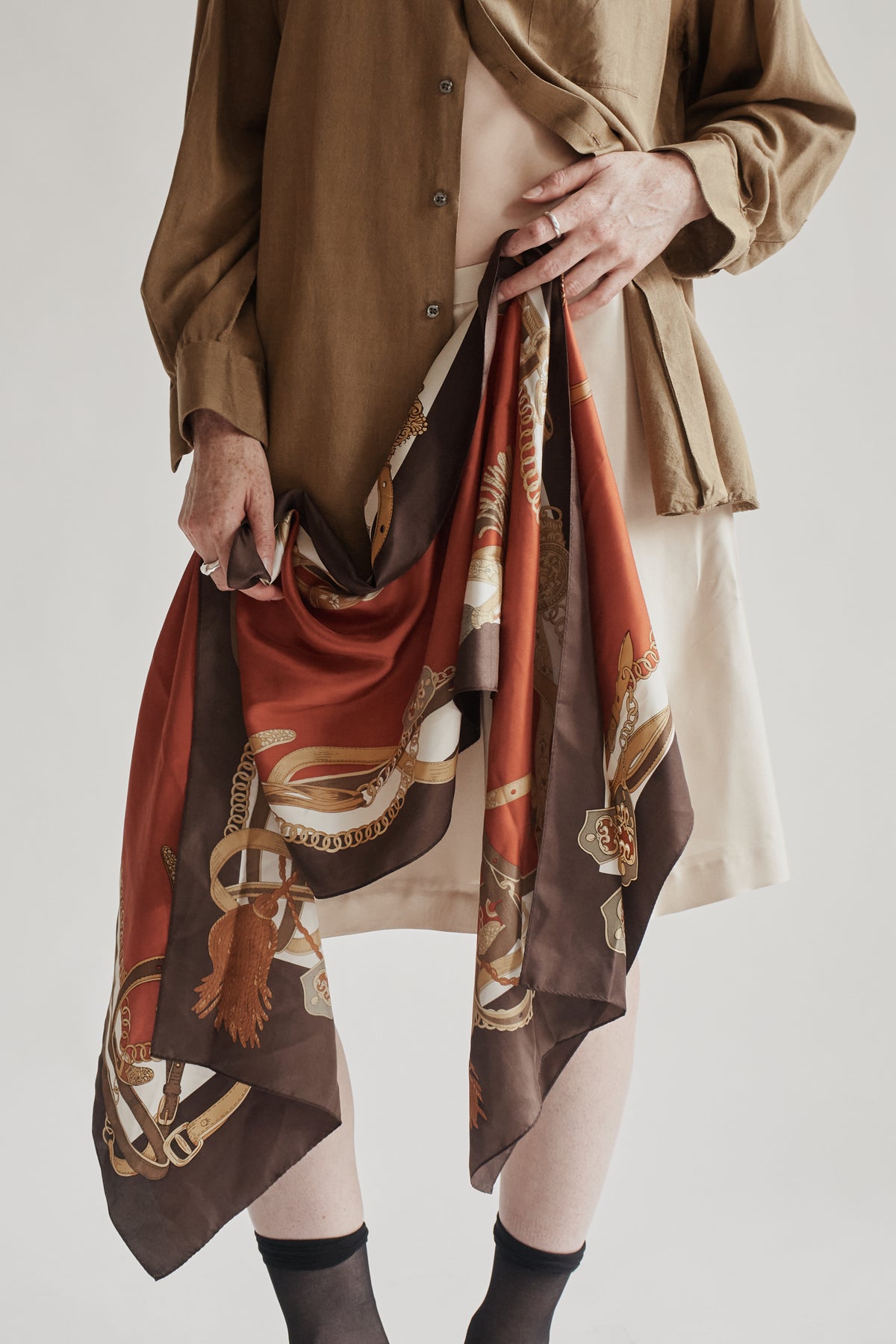 Orange + Brown Equestrain Print Silk Scarf