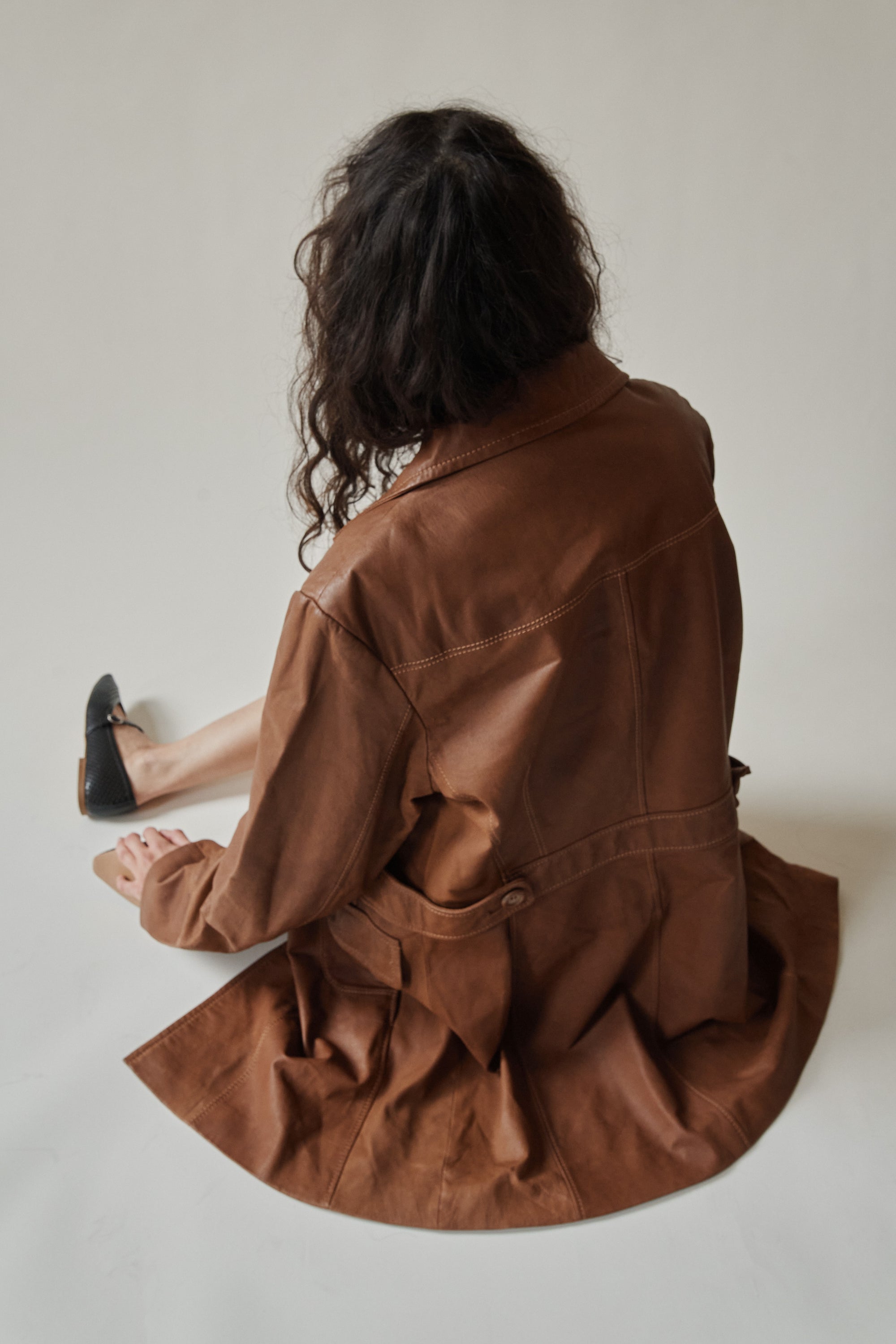 Teak Leather Contrast Stitch Midi Jacket