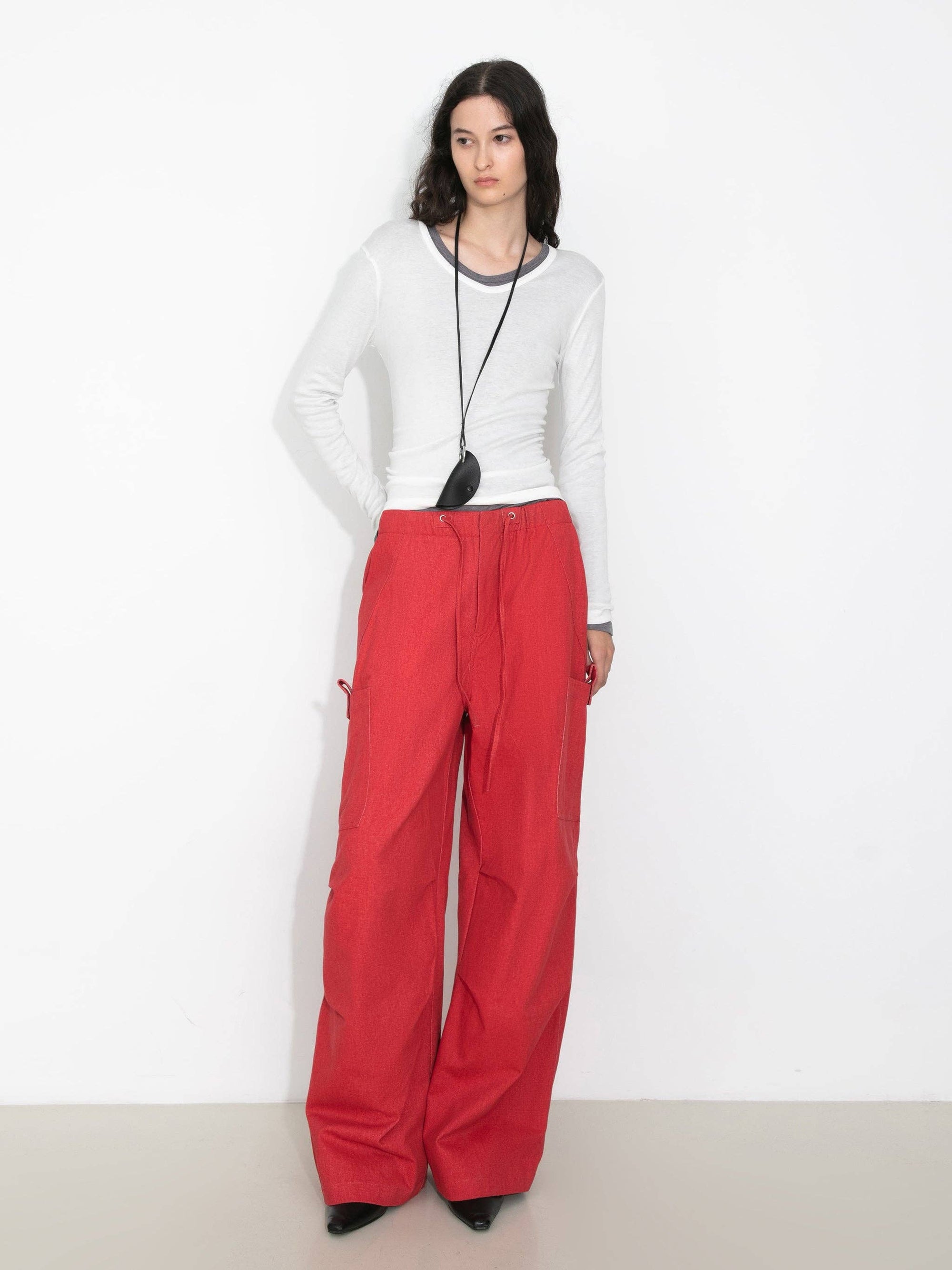 CUBIC - Relaxed Draped Straight-Leg Utility Pants: Red / M - Hey Jude