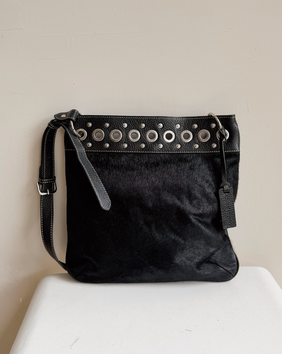 Ebony Studded Leather Pony Hair Bucket Bag