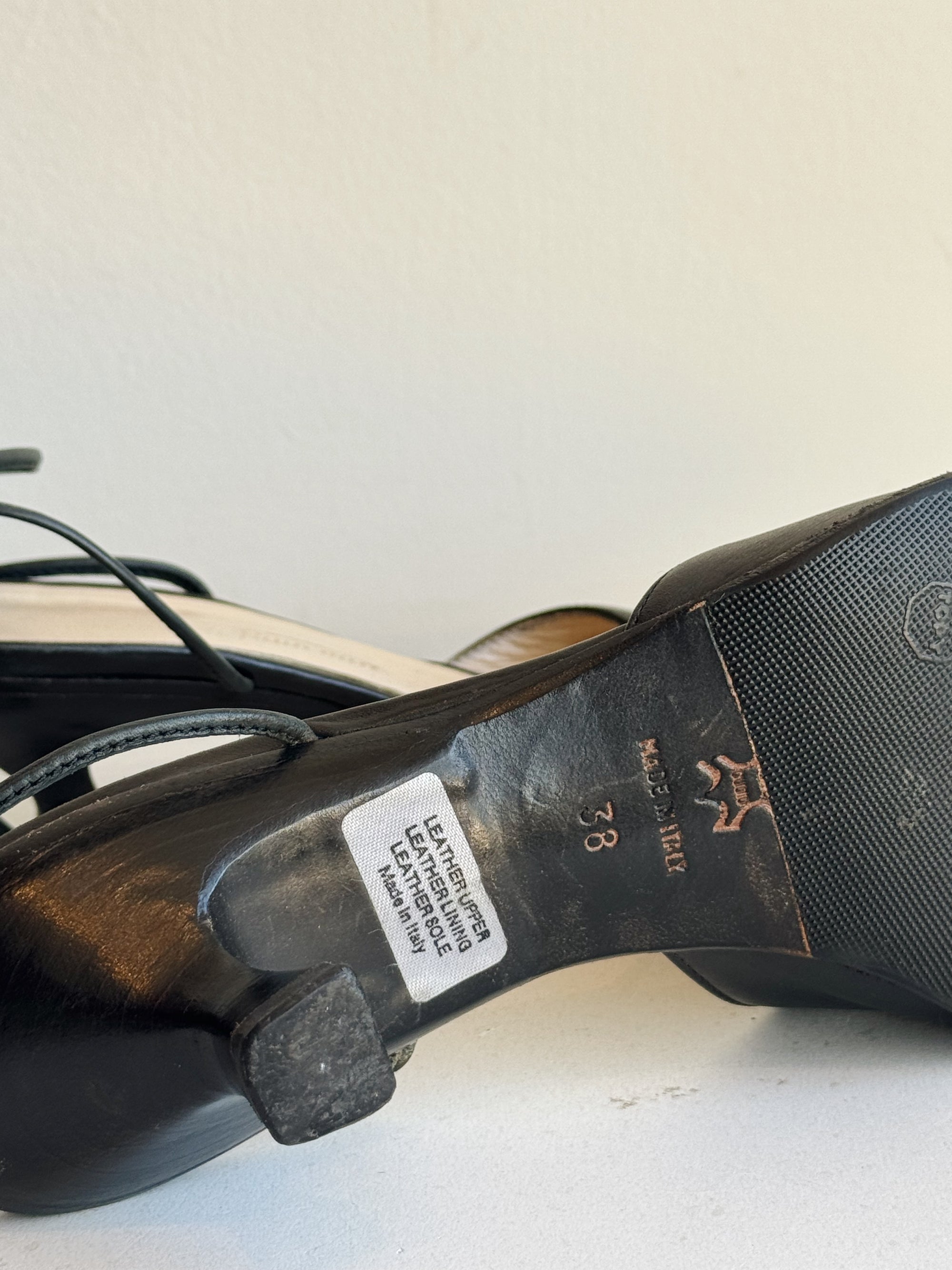 Black Leather Lace Up Kitten Heels | Size 38