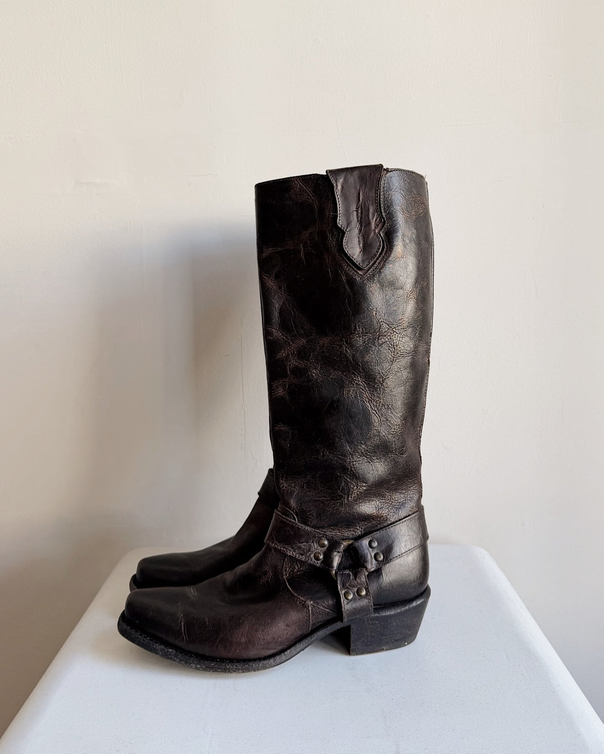 Dark Brown Leather Harness Boots | Size 7.5