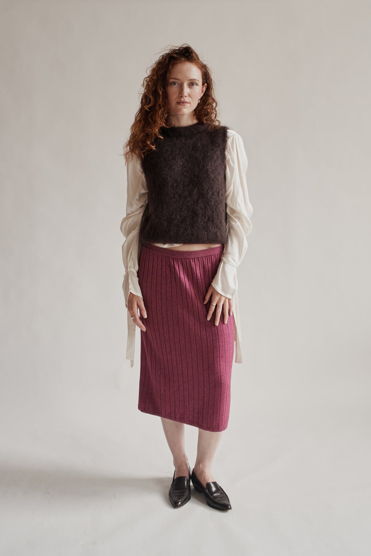 Raspberry Cashmere + Silk Knit Midi Skirt