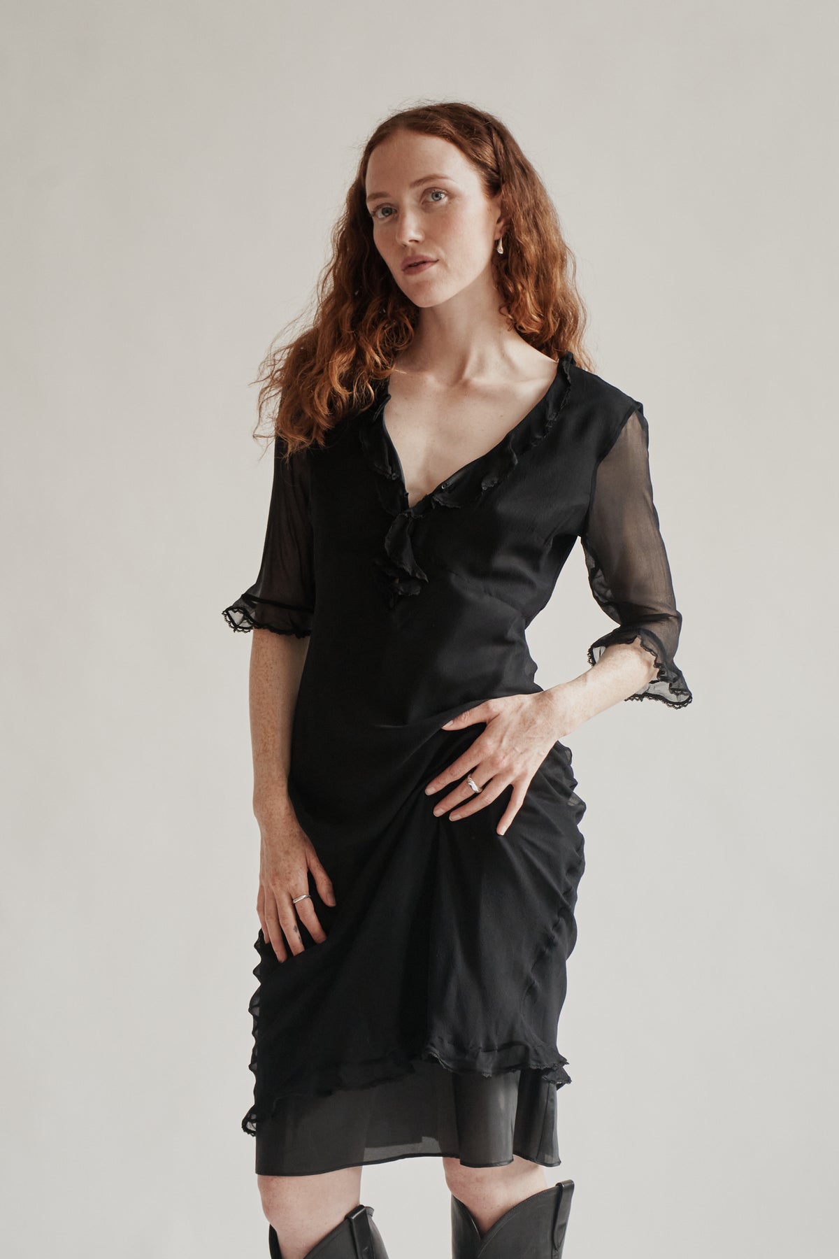 Raven Sheer Silk Ruffle Maxi Dress