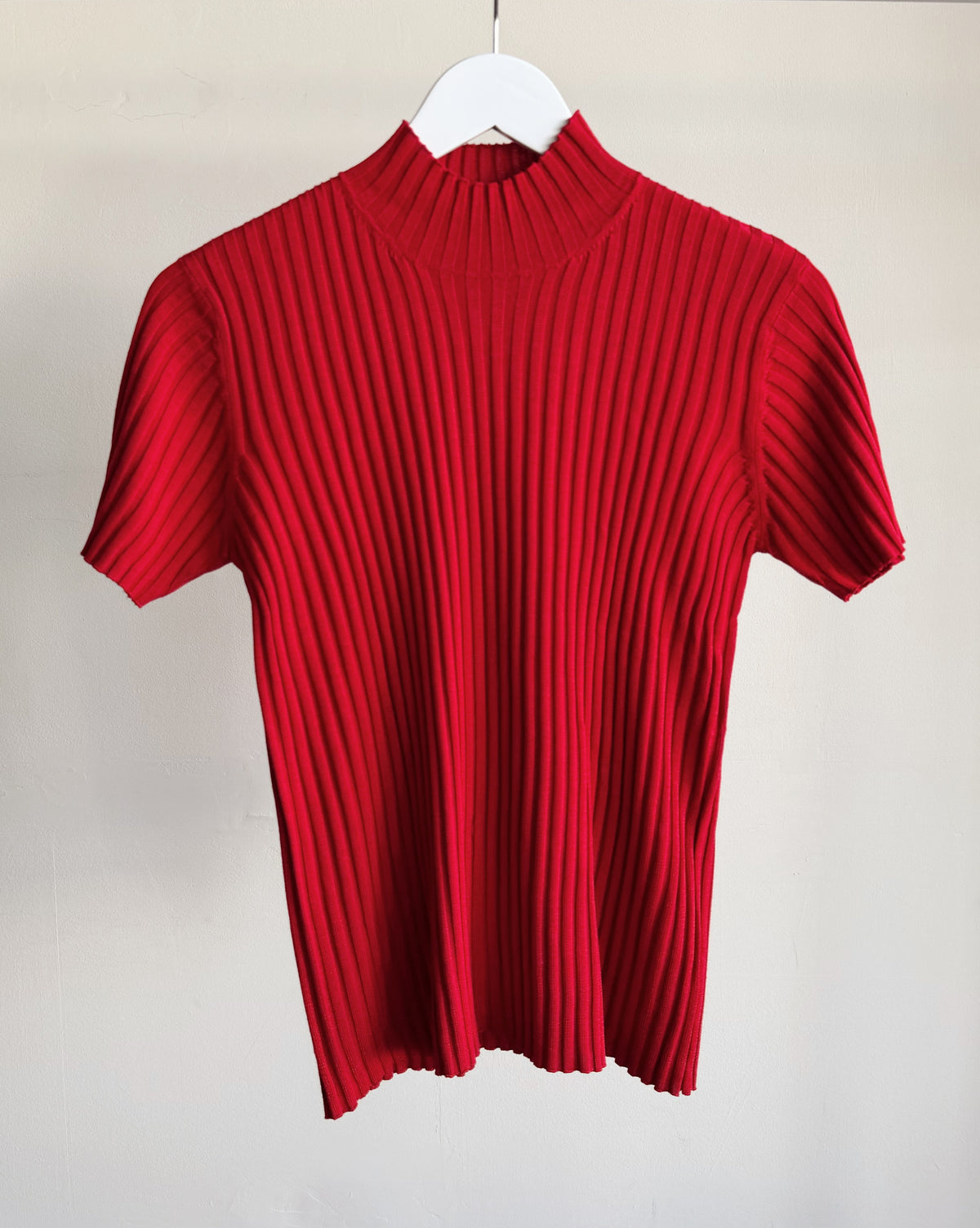 Ruby Red Silk Short Sleeve Ribbed Knit