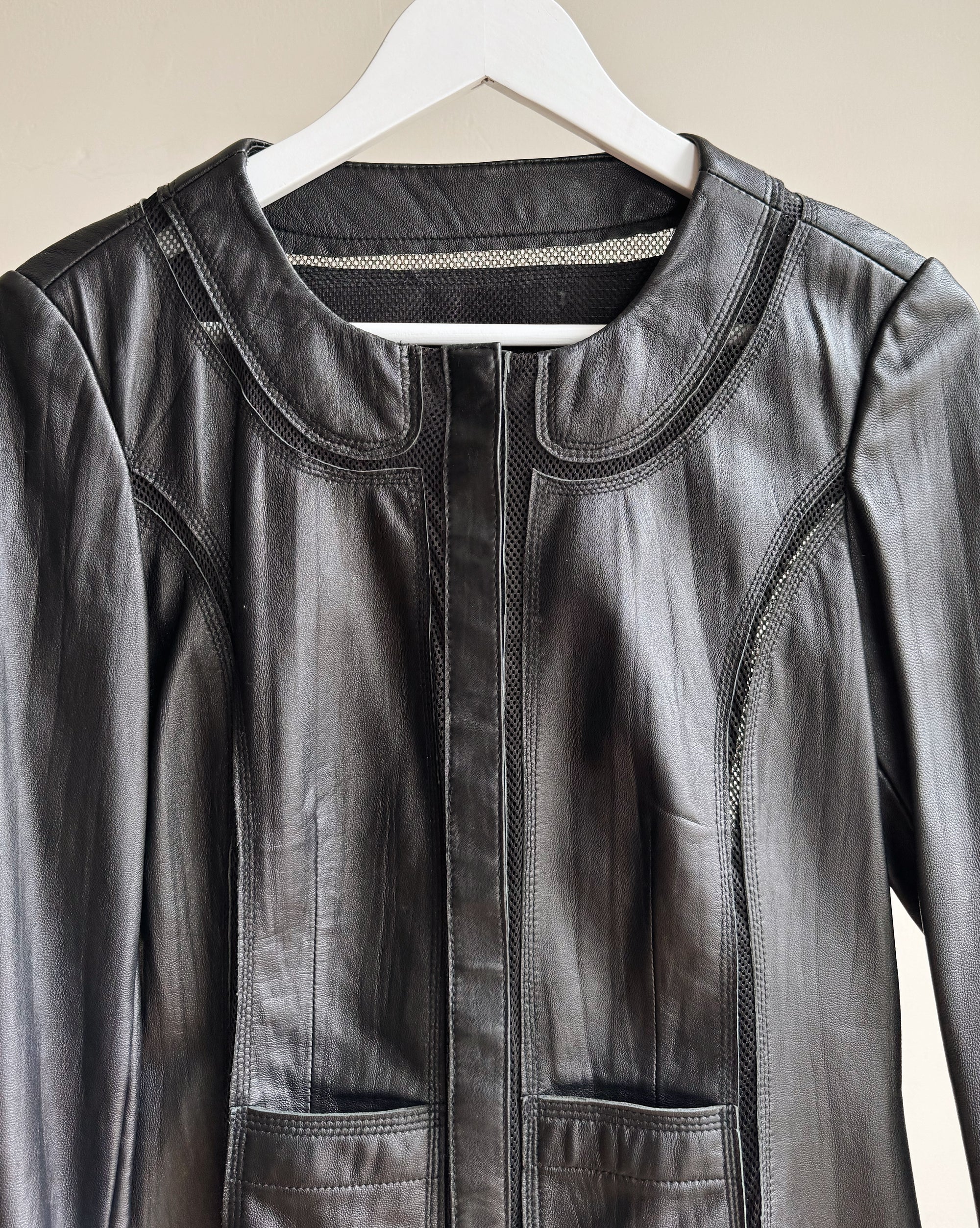 Black Round Collar Leather Jacket