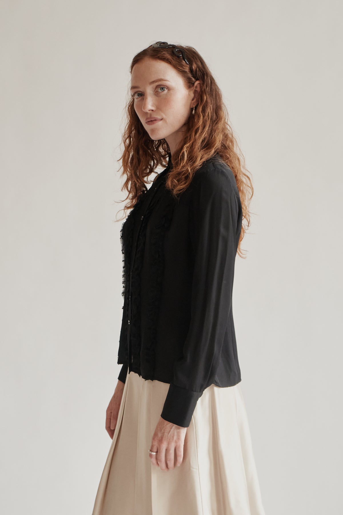Black Sheer Silk Ruffle Blouse