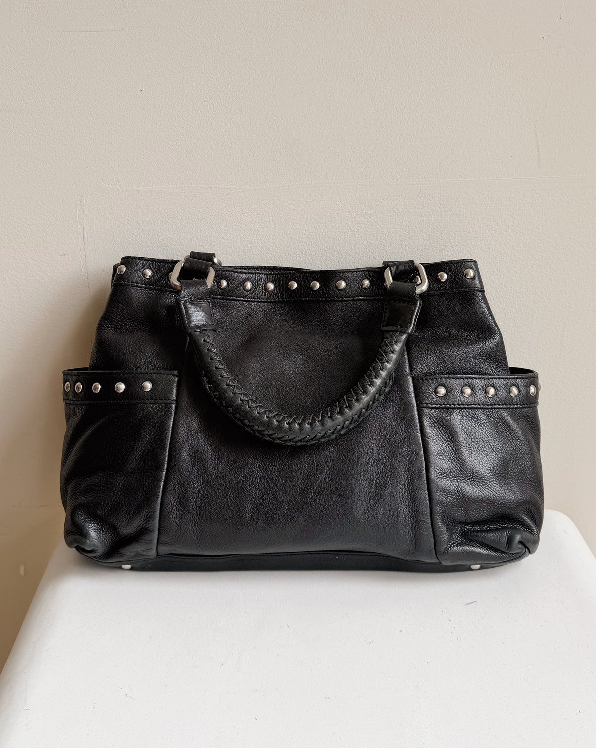 Onyx Studded Leather Shoulder Satchel