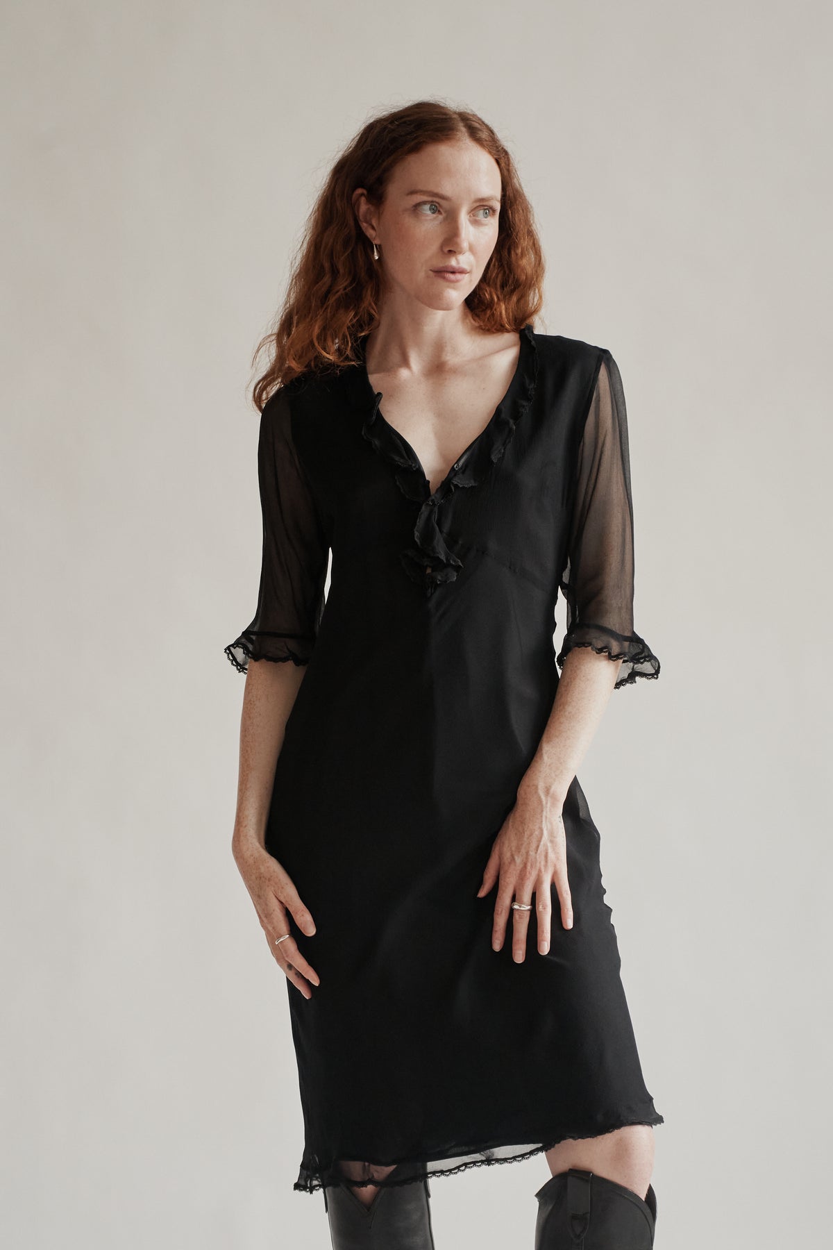 Raven Sheer Silk Ruffle Maxi Dress