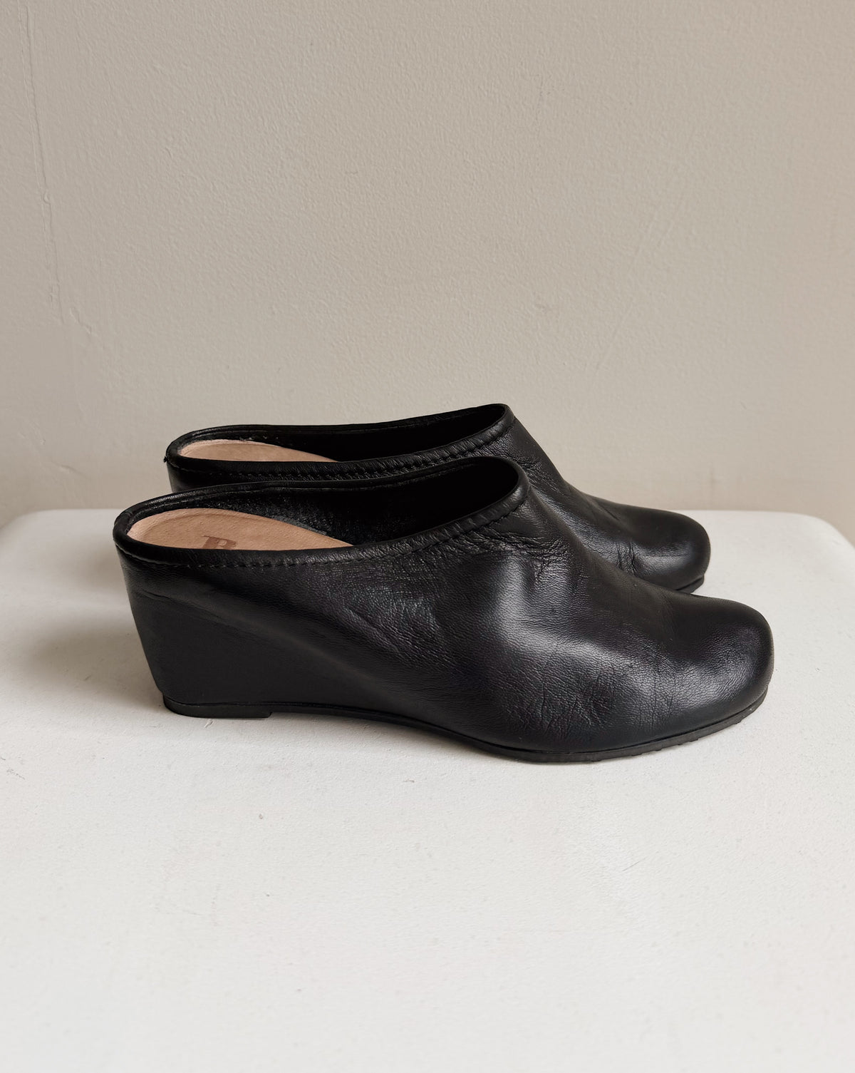 Black Leather Wedge Mules | Size 36