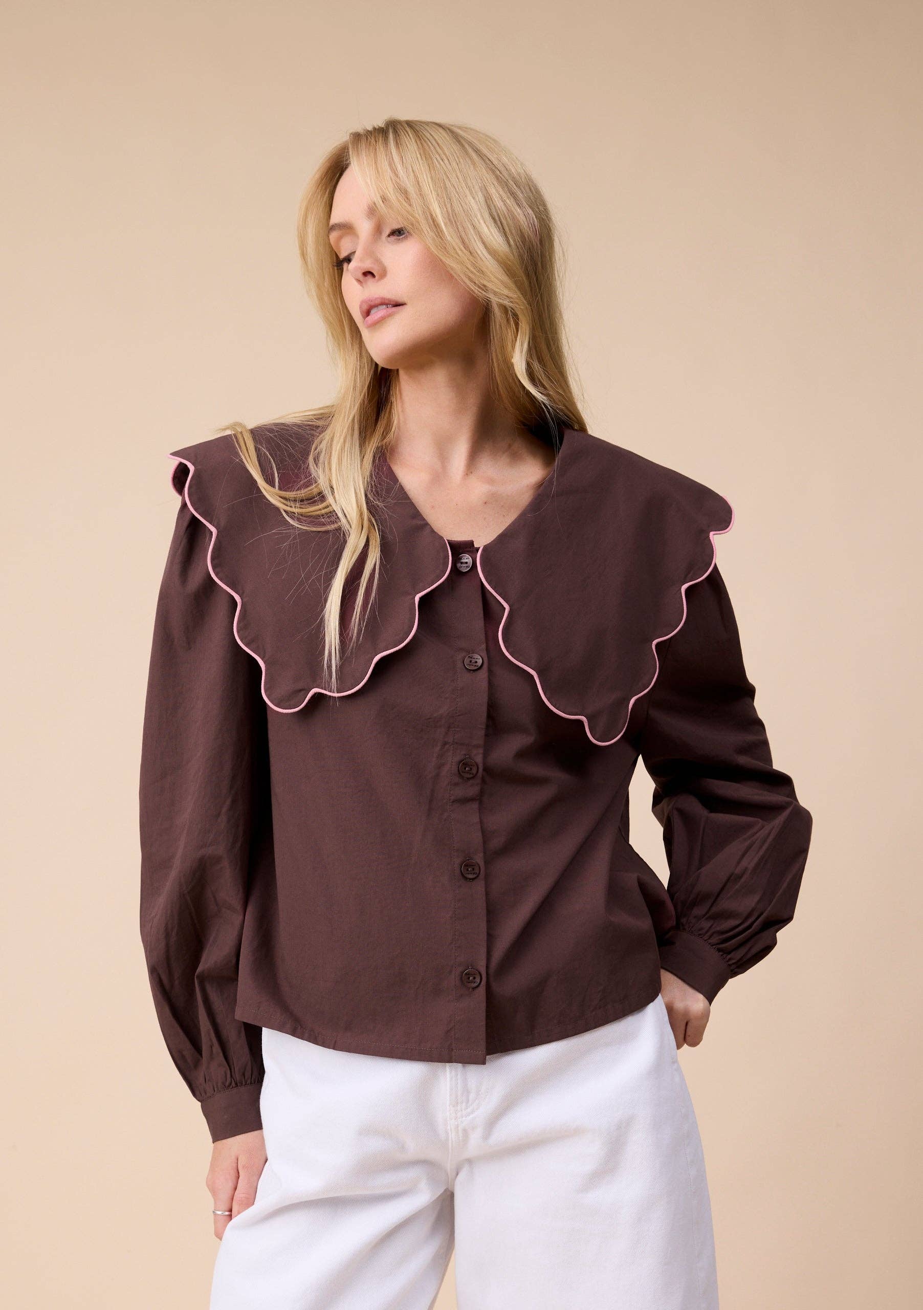 TBCo - Cotton Shirt in Brown Scallop: S - Hey Jude