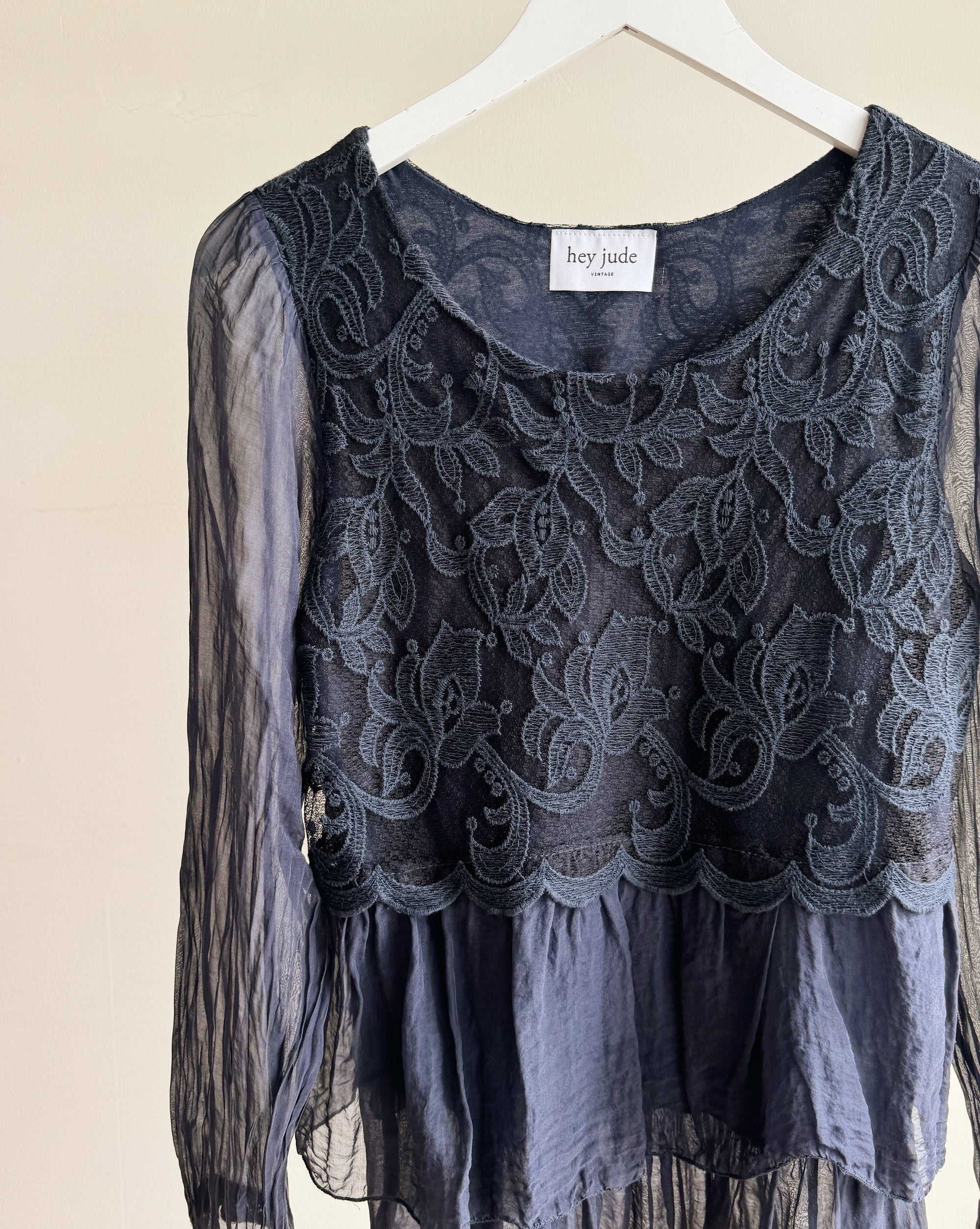 Navy Silk Romantic Embroidered Top