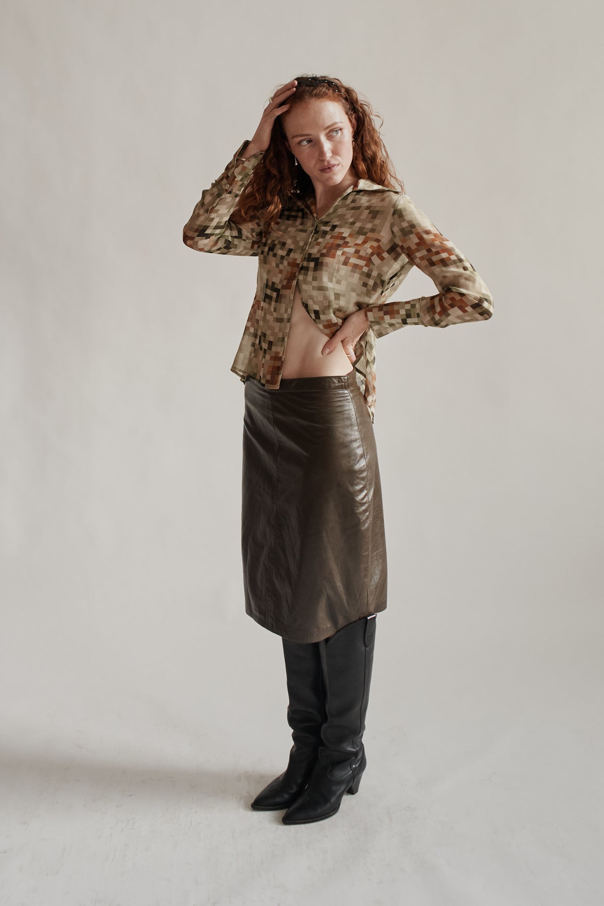 Clover Pixel Print Sheer Silk Blouse