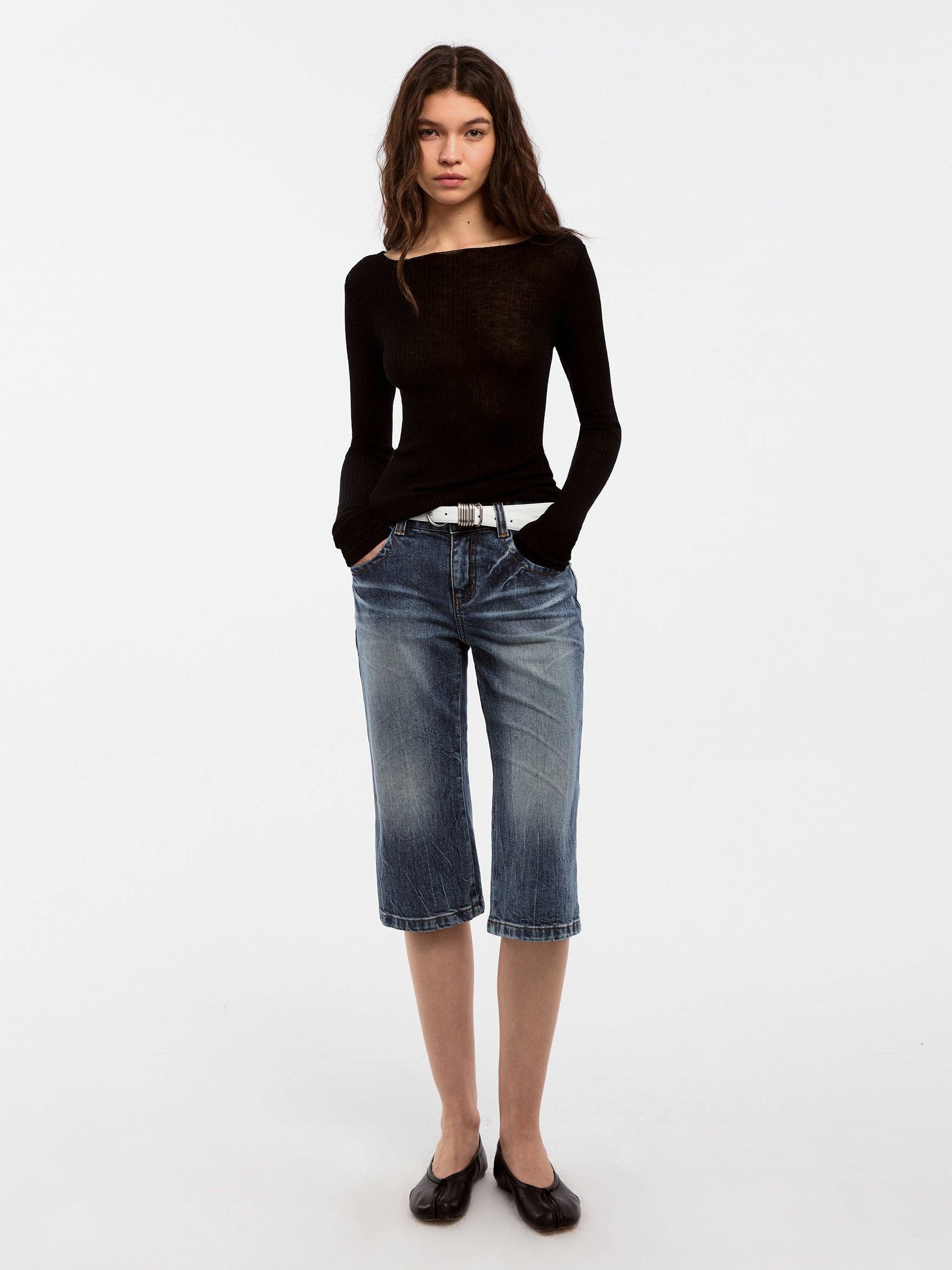 CUBIC - CUBIC Washed Denim Knee-Length Shorts: Blue / S - Hey Jude