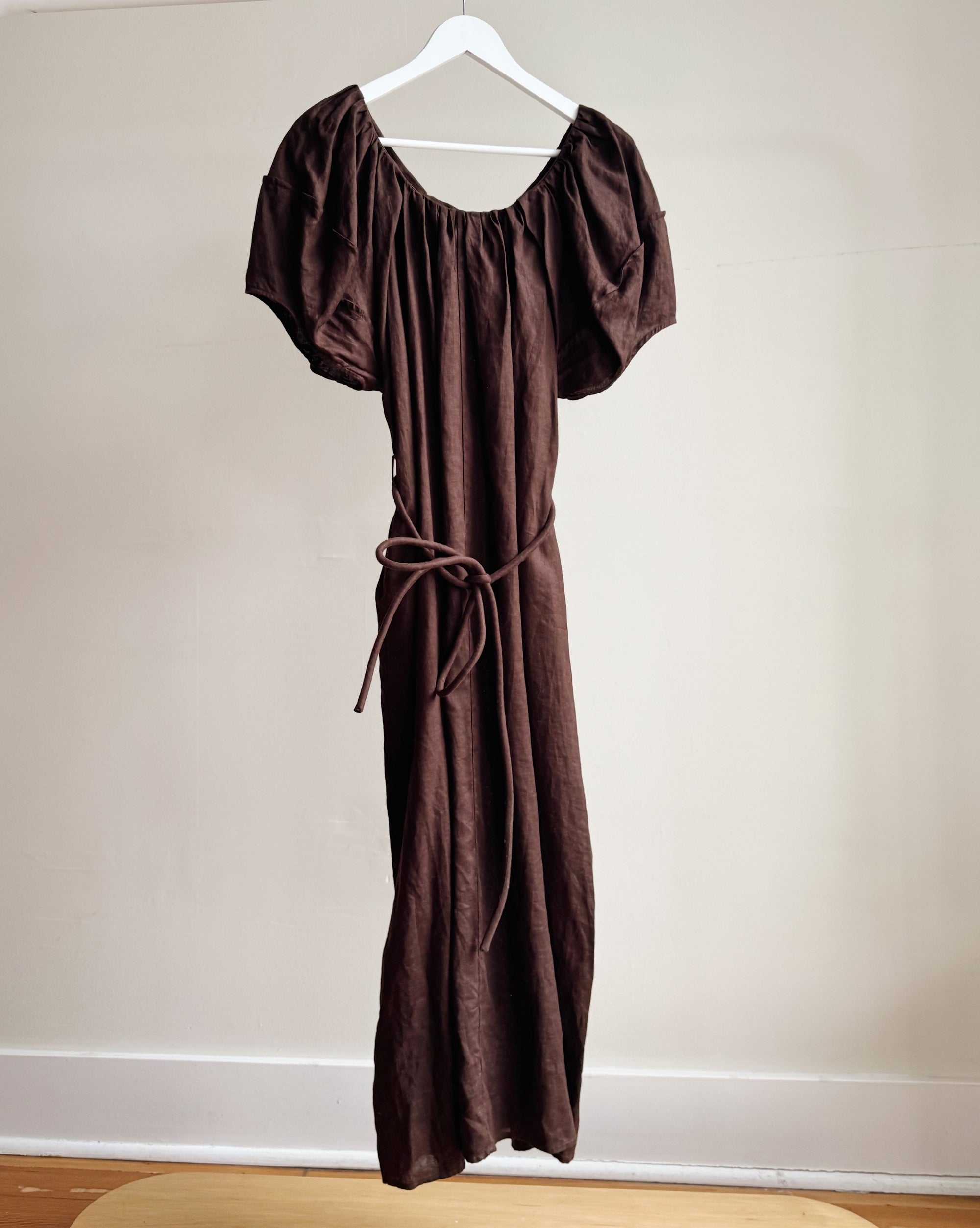 Espresso Belted Linen Maxi Dress