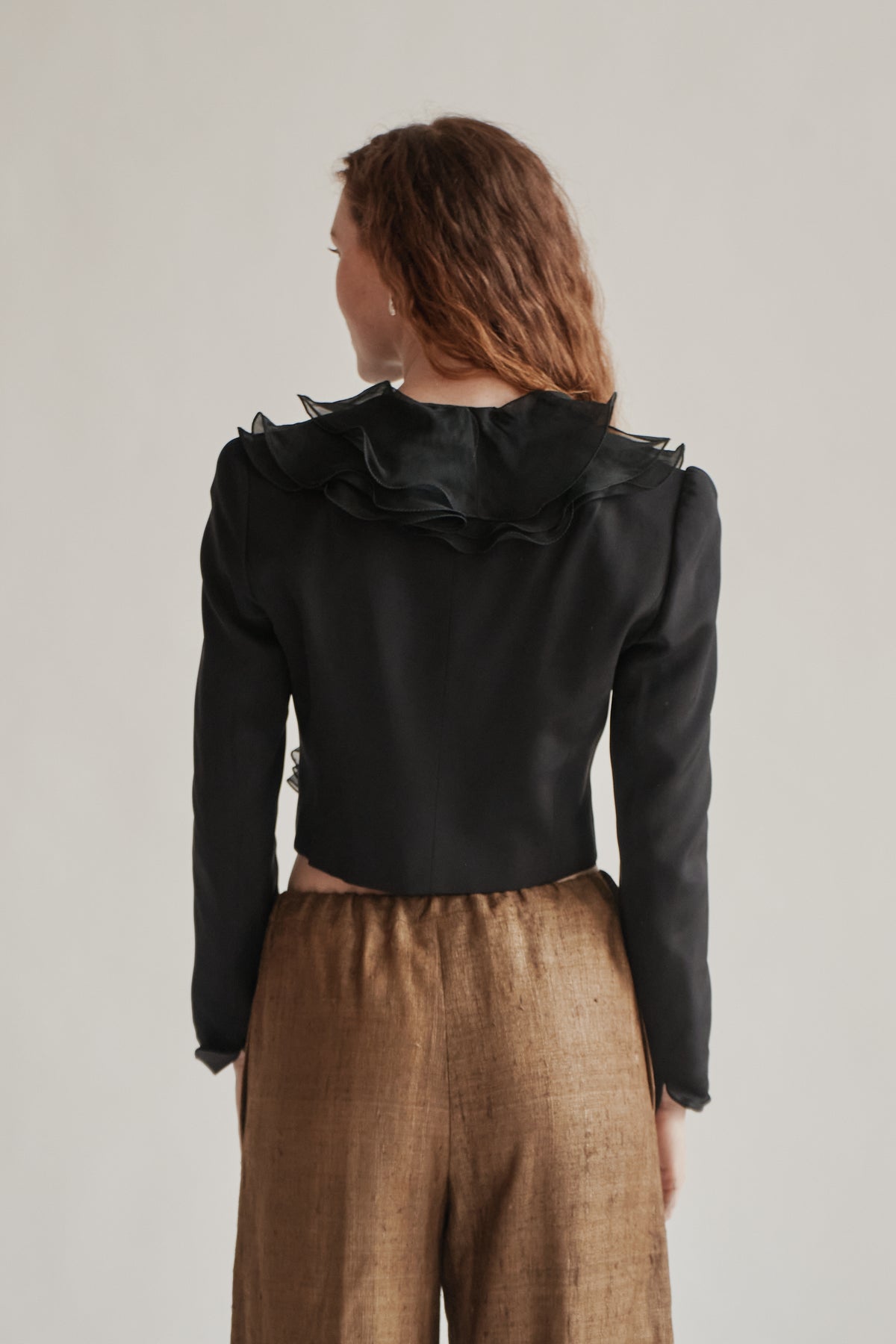 Black Silk Taffeta Casscading Ruffle Top - Hey Jude