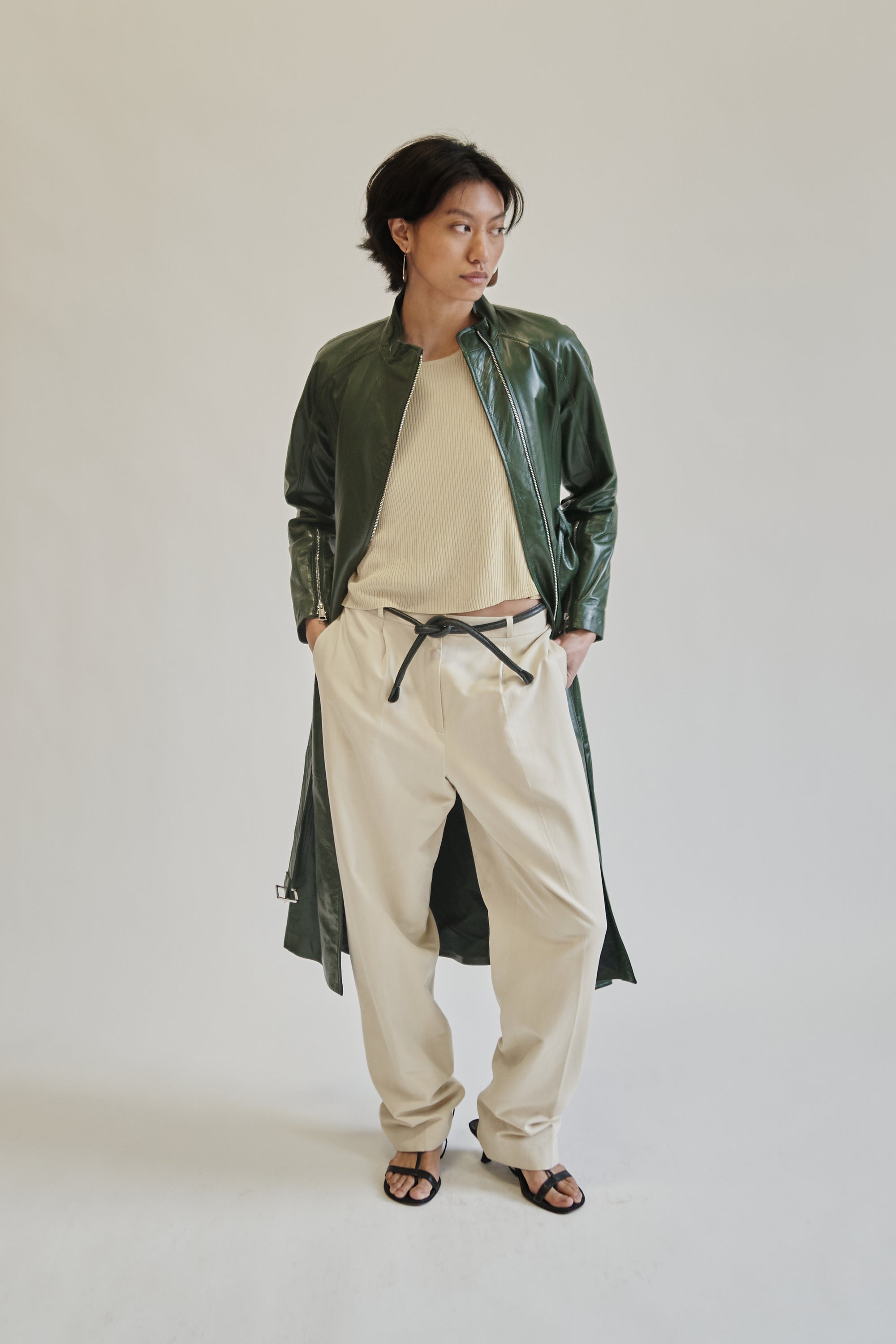 Forest Green Leather Zip Trench Coat - Hey Jude