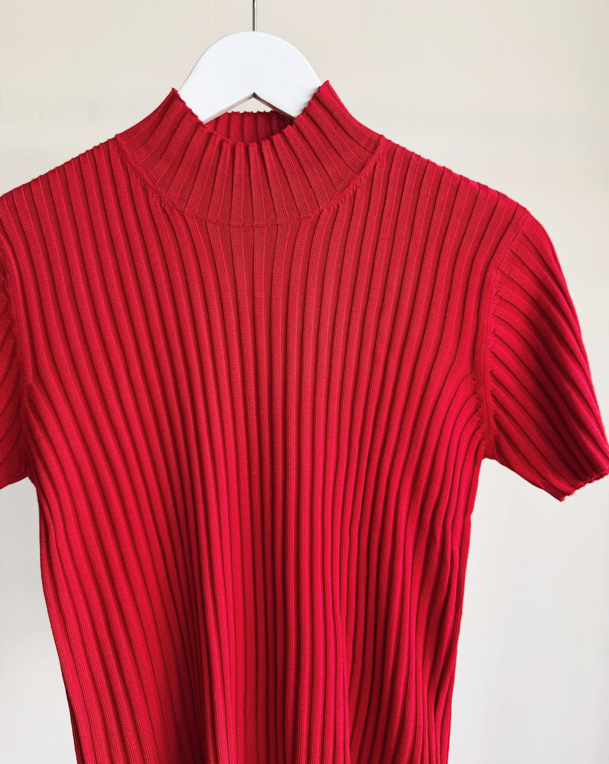 Ruby Red Silk Short Sleeve Ribbed Knit