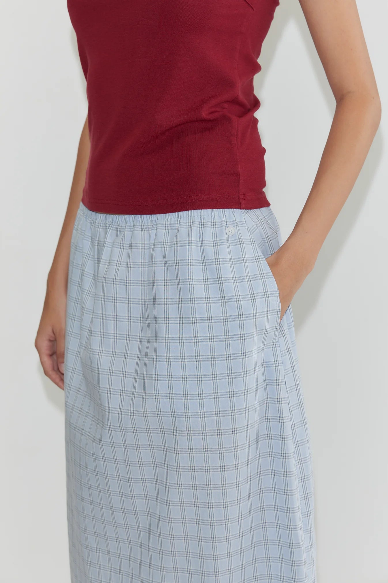 Deiji Studios | Maxi Belt Skirt in Powder Check PRESALE