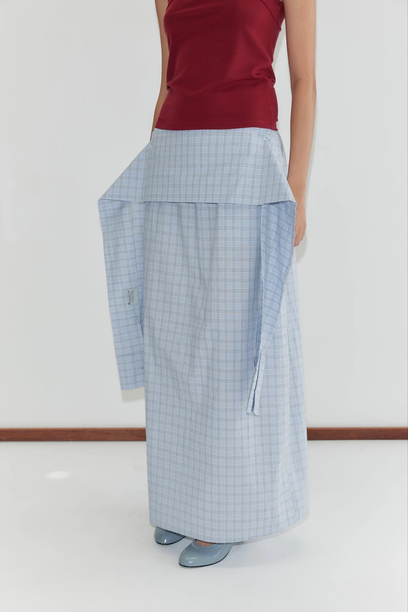 Deiji Studios | Maxi Belt Skirt in Powder Check PRESALE