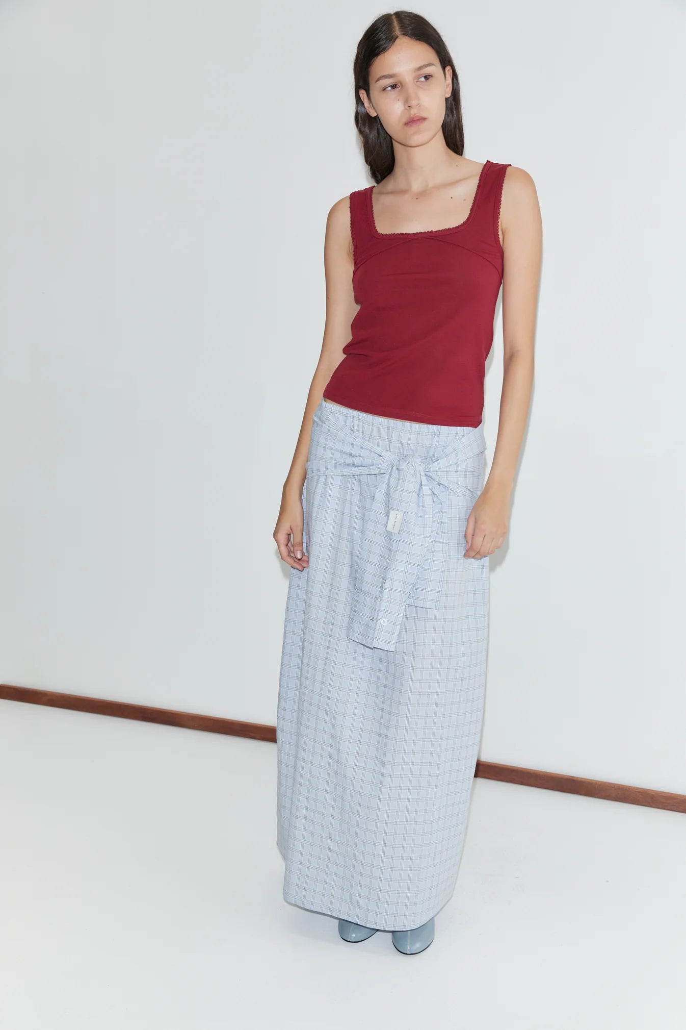 Deiji Studios | Maxi Belt Skirt in Powder Check PRESALE