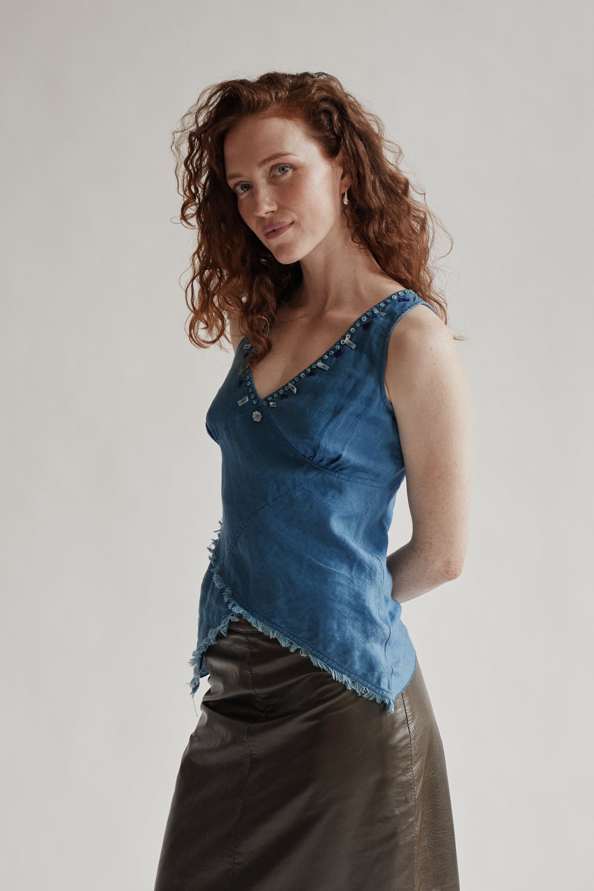 Aqua Linen Asymmetrical Beaded Tank