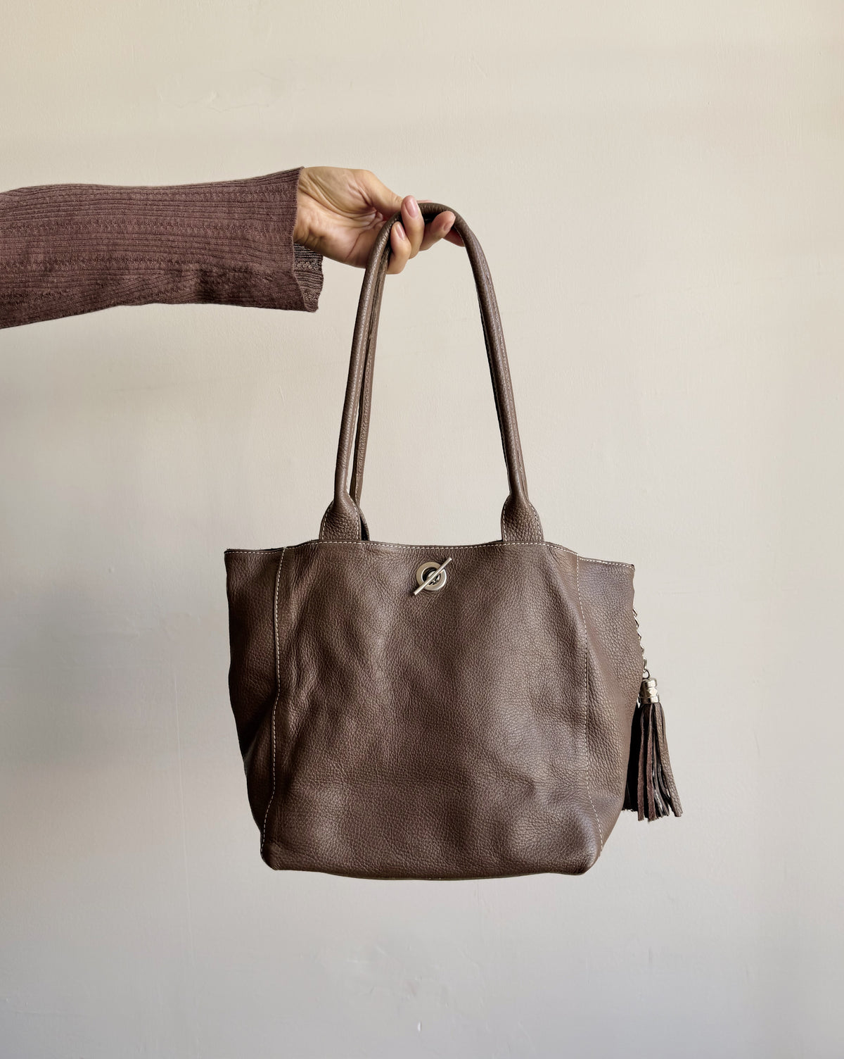 Taupe Leather Double Handle Shoulder Bag