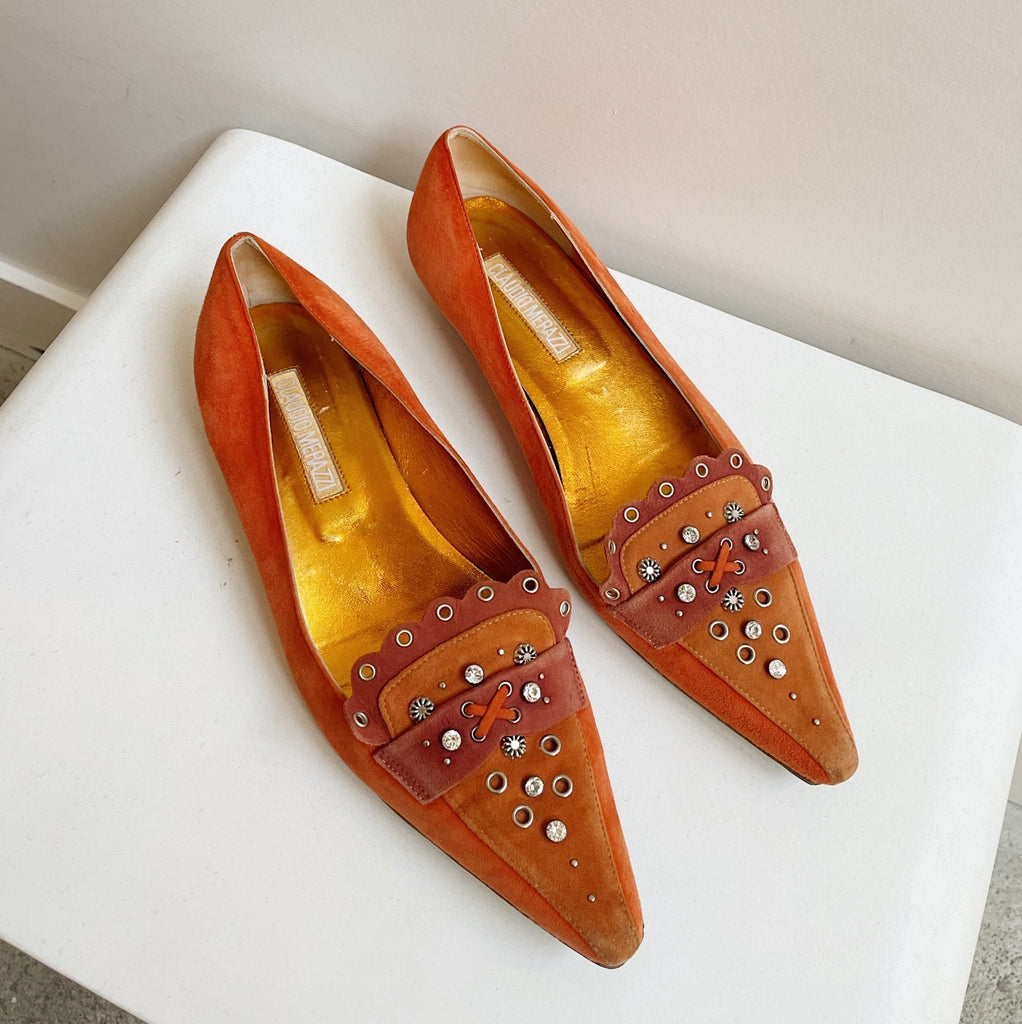 Pumpkin Suede Pointed Rhinestone Flats | size 8-8.5