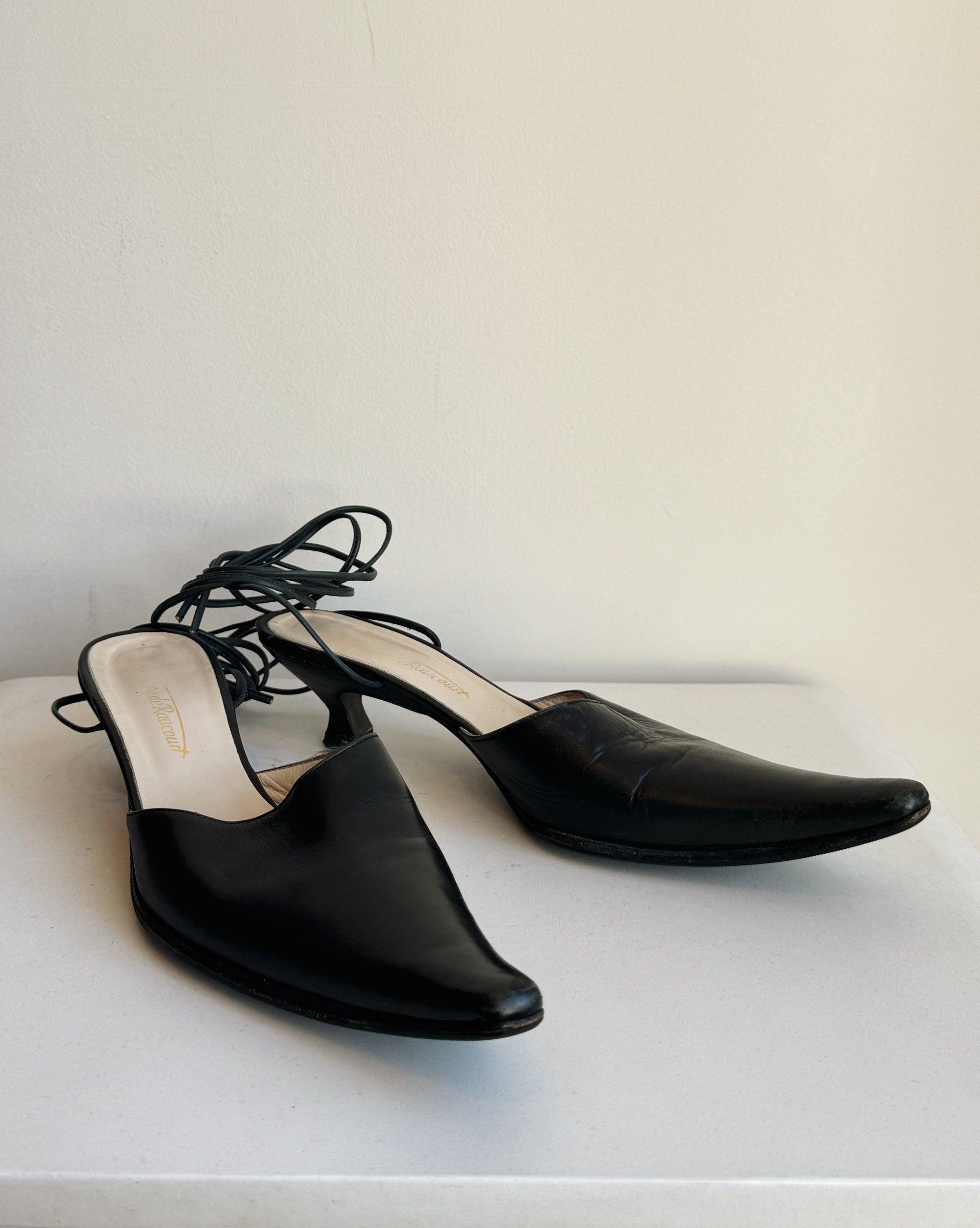 Black Leather Lace Up Kitten Heels | Size 38