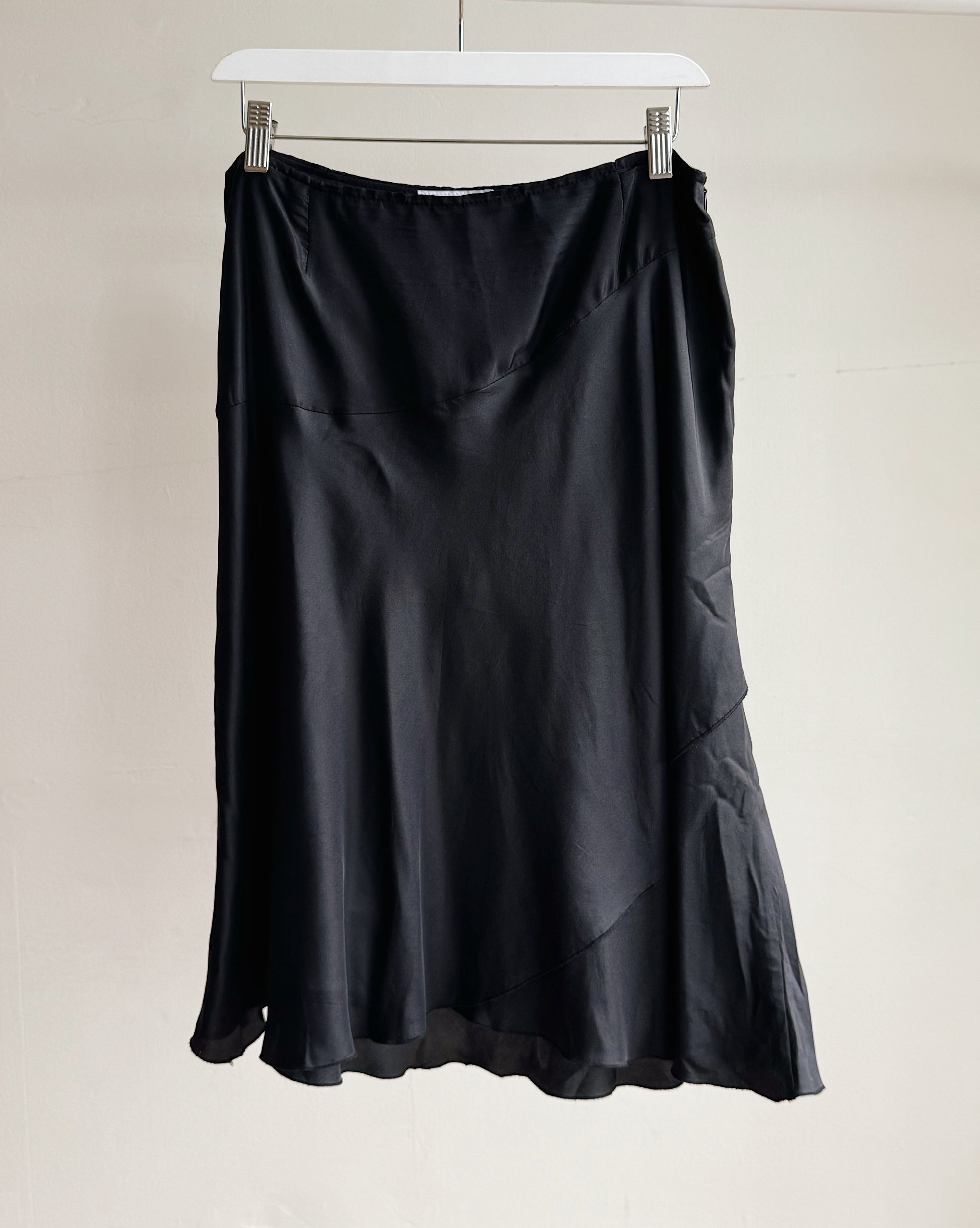 Black Silk Bias Cut Midi Skirt