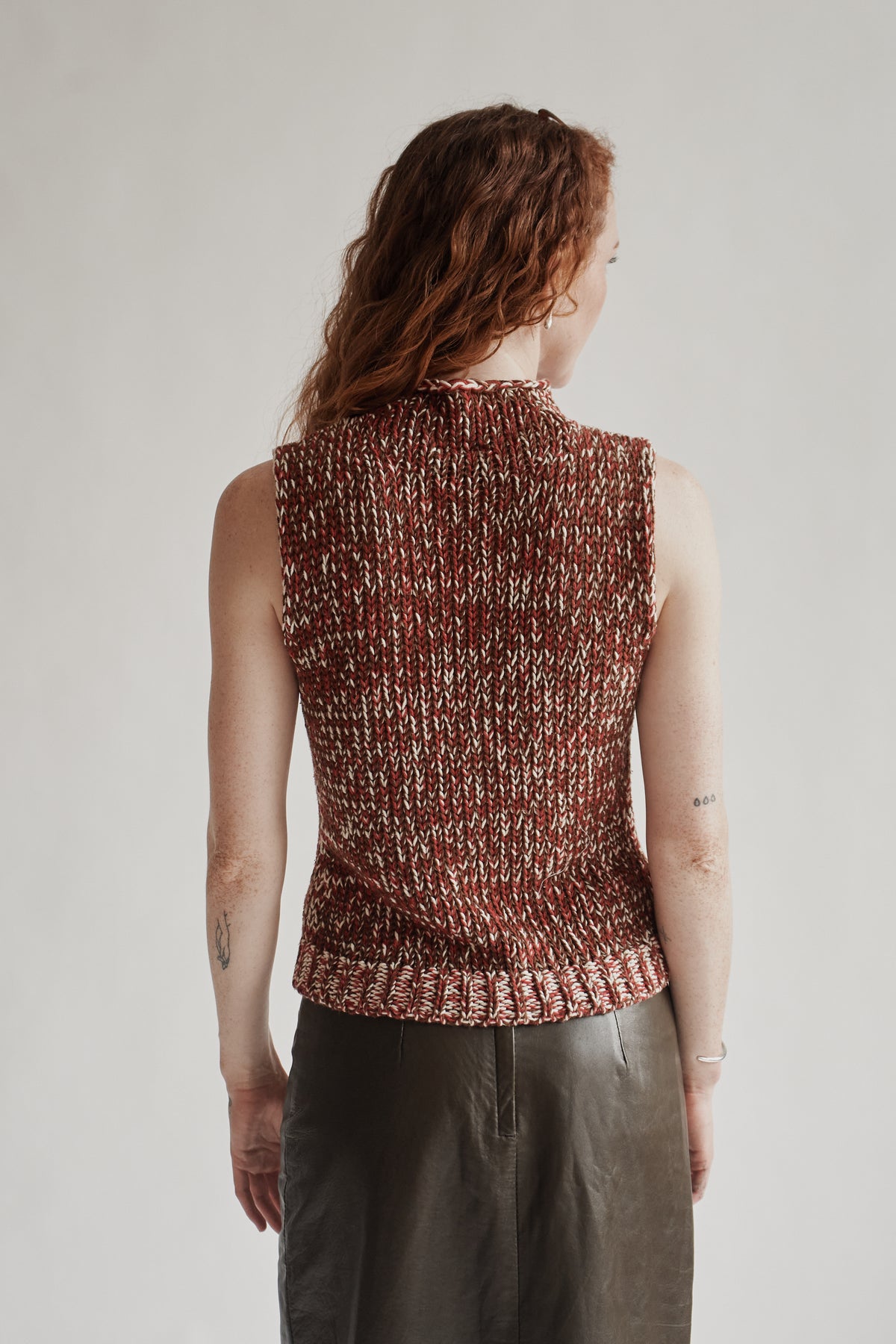 Red Marled Cotton Loose Knit Mockneck