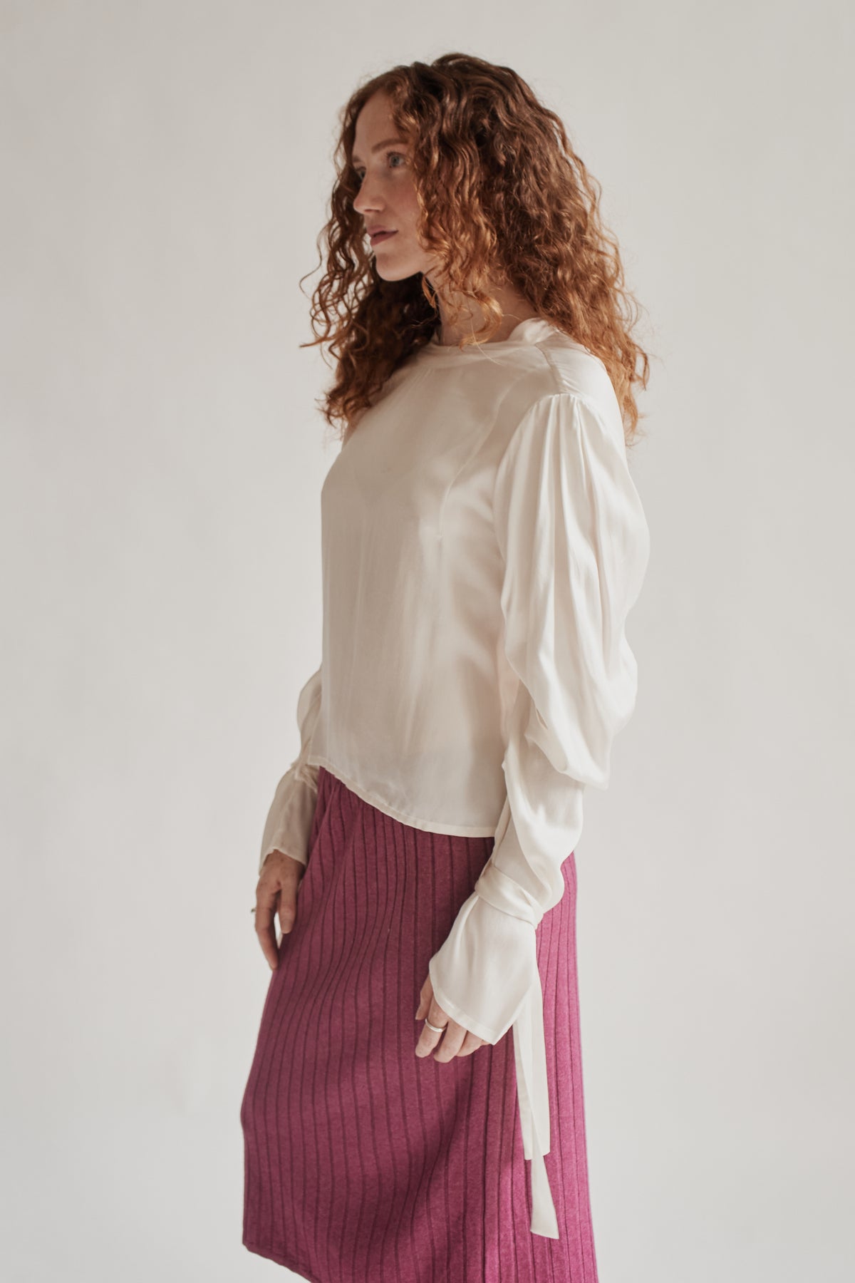 Ivory Draped Silk Tie Blouse