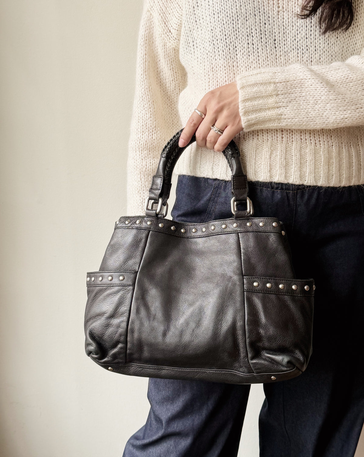 Onyx Studded Leather Shoulder Satchel