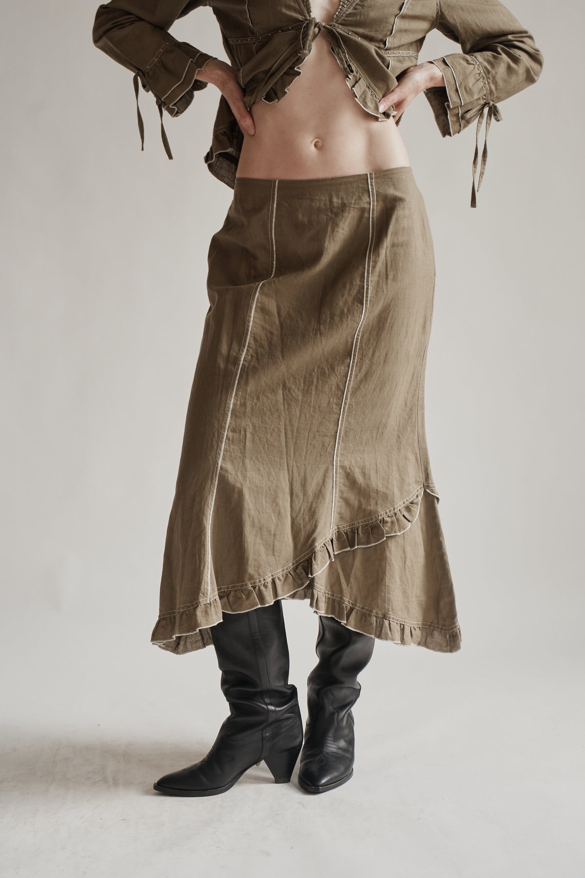 Moss Cotton Linen Ruffle Maxi Skirt