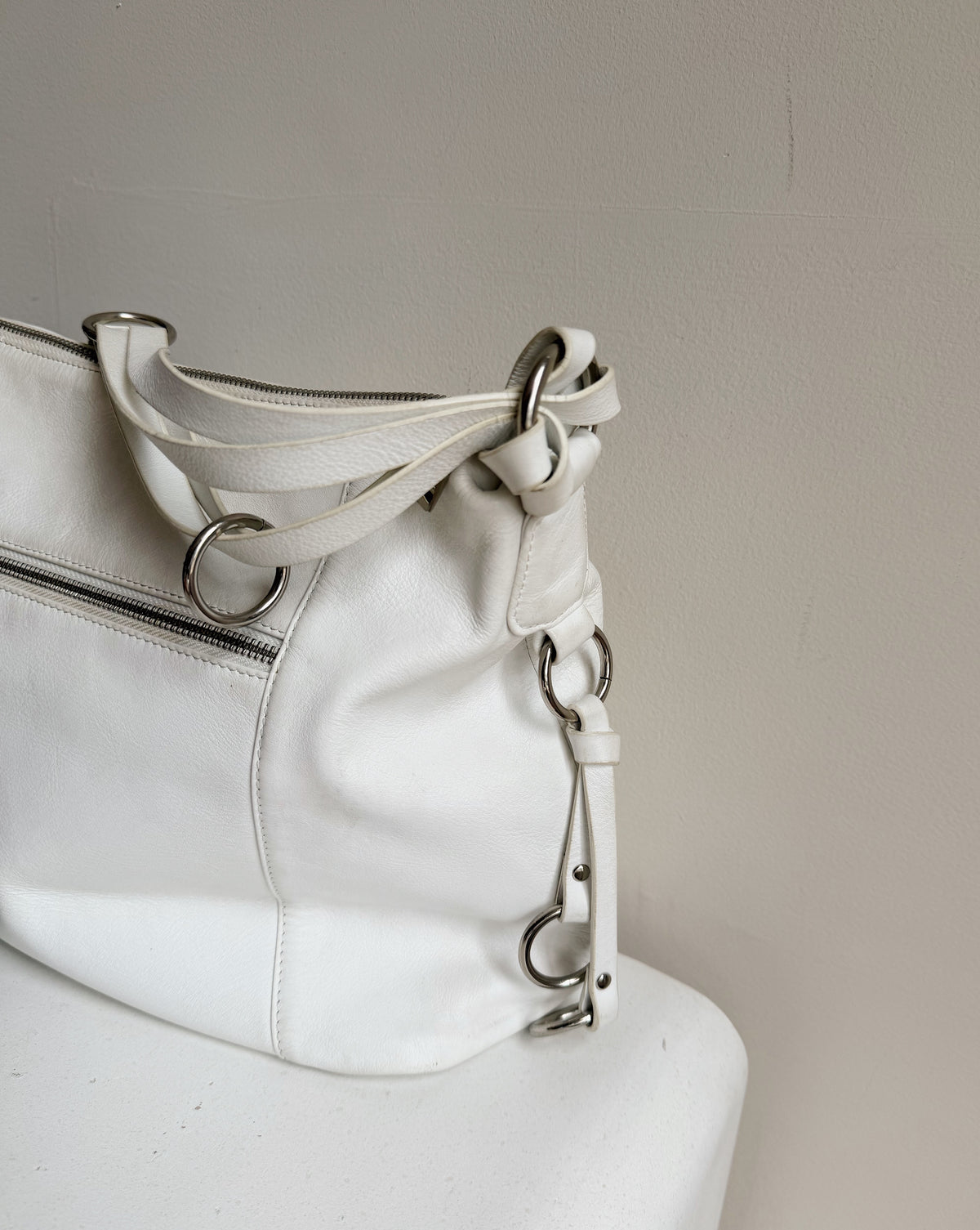 White Multi-Pocket Leather Shoulder Bag