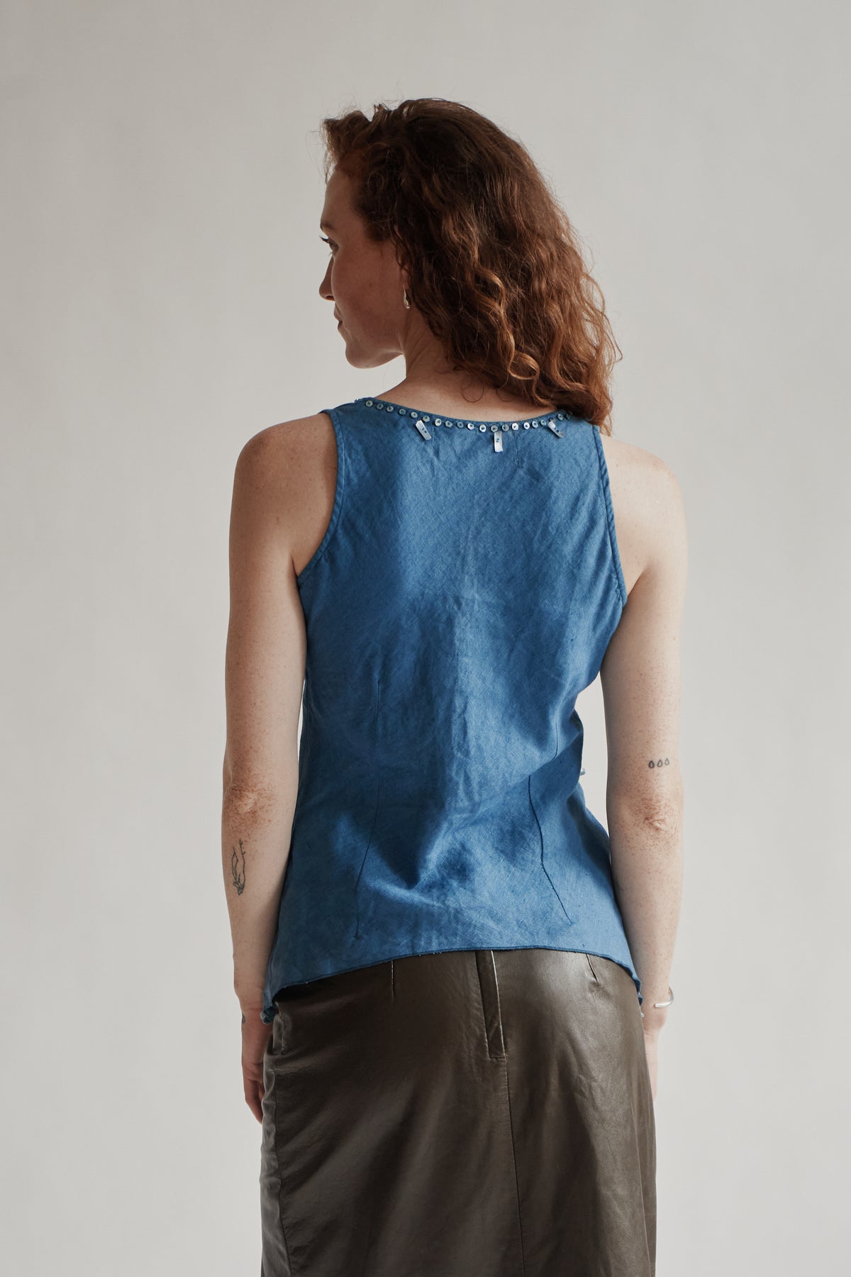 Aqua Linen Asymmetrical Beaded Tank