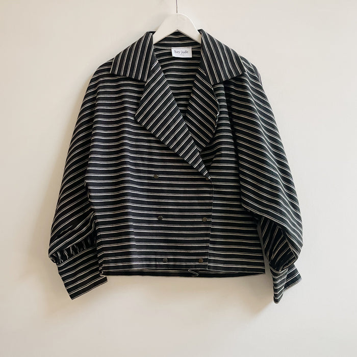 Black Striped Cotton Cocoon Jacket