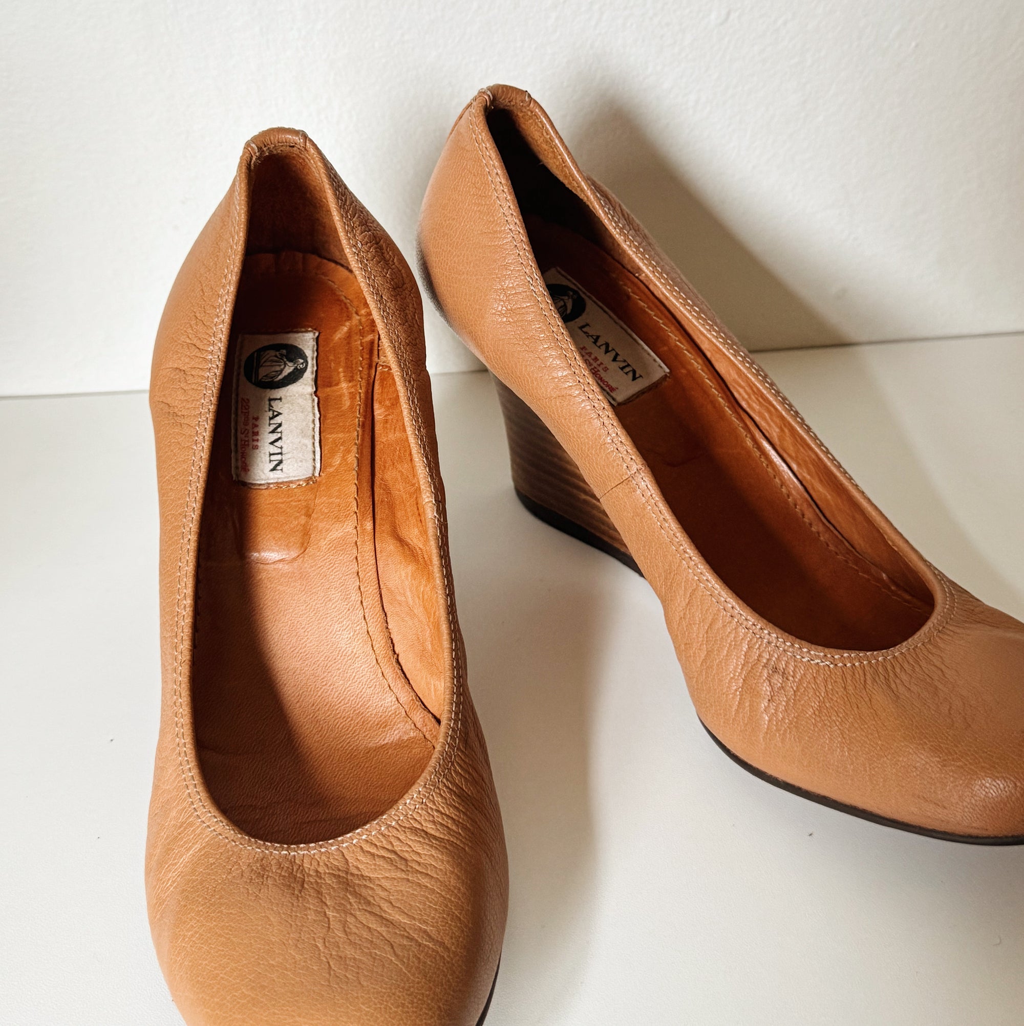 Lanvin Caramel Leather Ballerina Wedges | Size 38.5 - Hey Jude