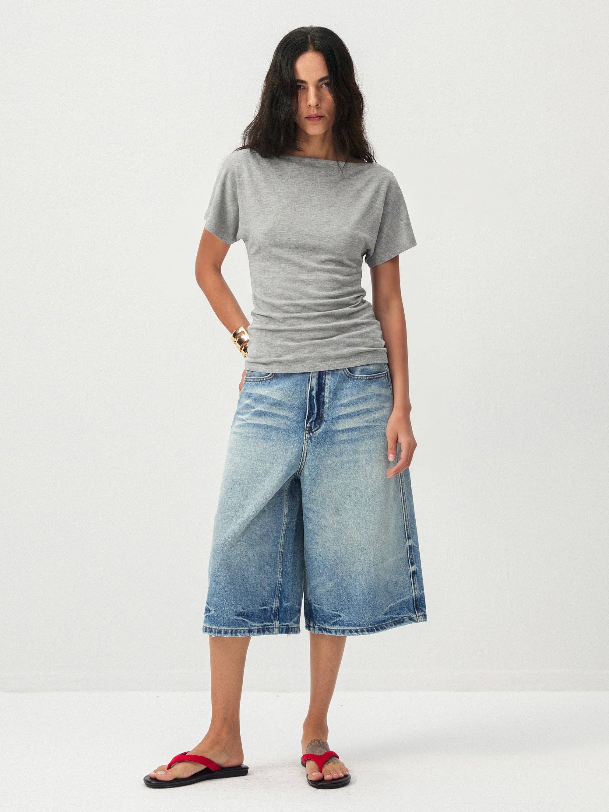 CUBIC - CUBIC Lyocell Blend Off-Shoulder Fitted Top: Gray / UN - Hey Jude