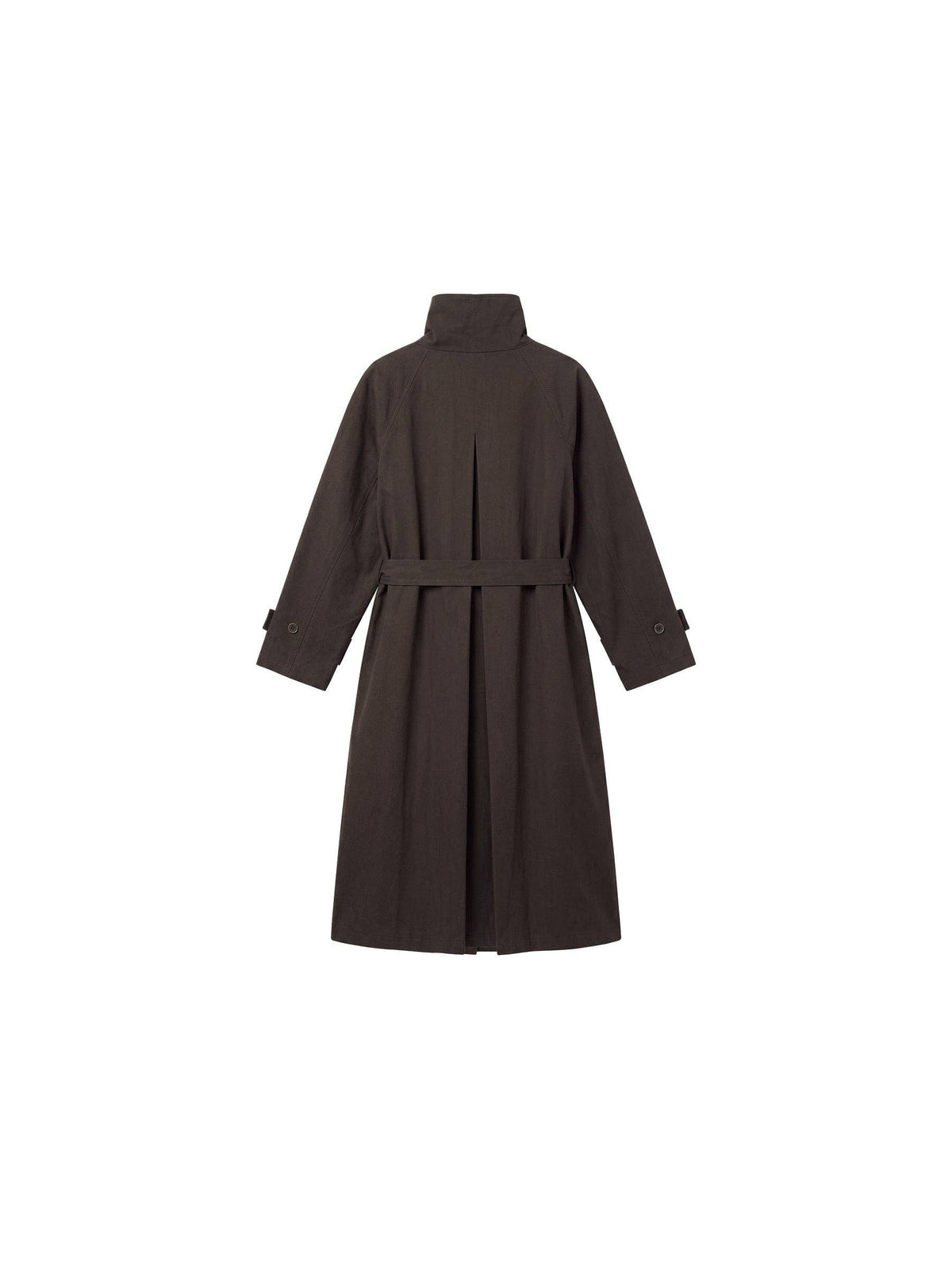 CUBIC | Stand Collar Belted Long Trench Coat in Reddish Brown