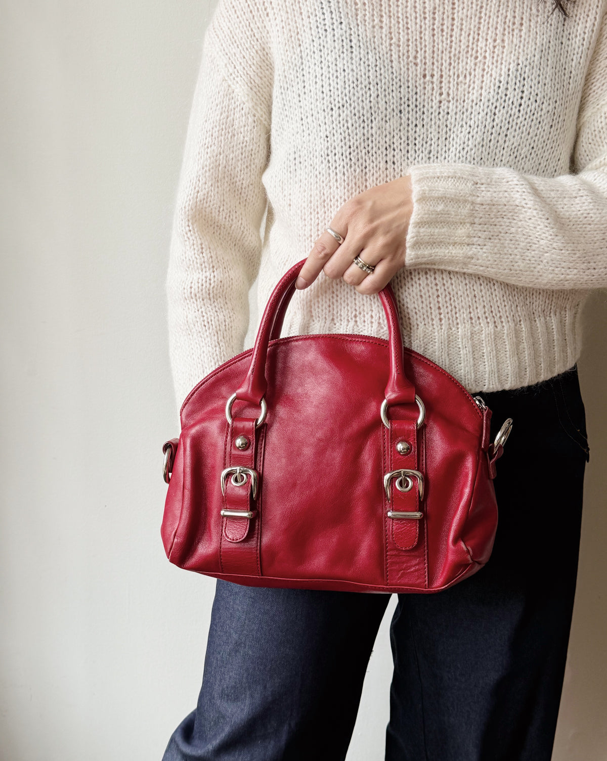 Red Buckle Detail Leather Bowler Bag